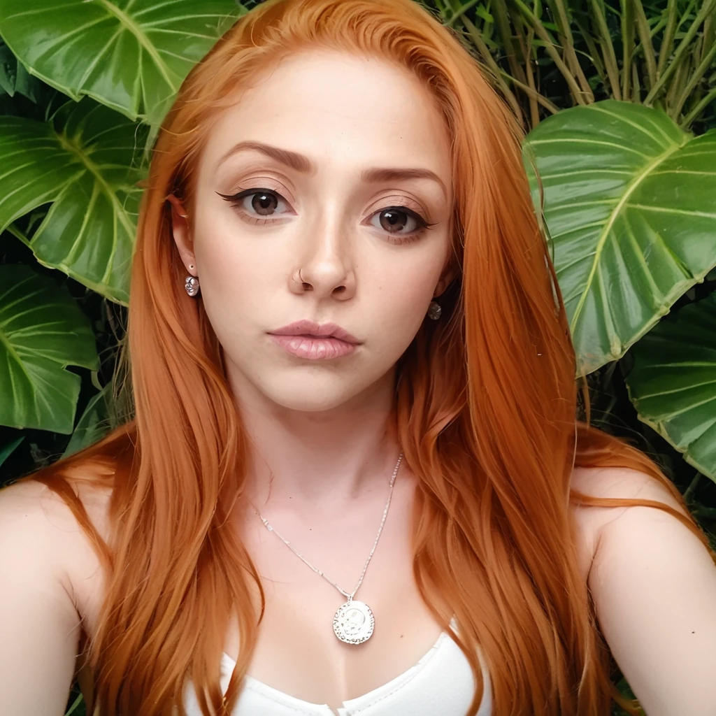 <lora:Pony_Victoria_Baamonde:1>, v1ct0r1a, 1girl, solo, breasts, realistic, long hair, jewelry, looking at viewer, lips, earrings, necklace, medium breasts, plant, upper body,