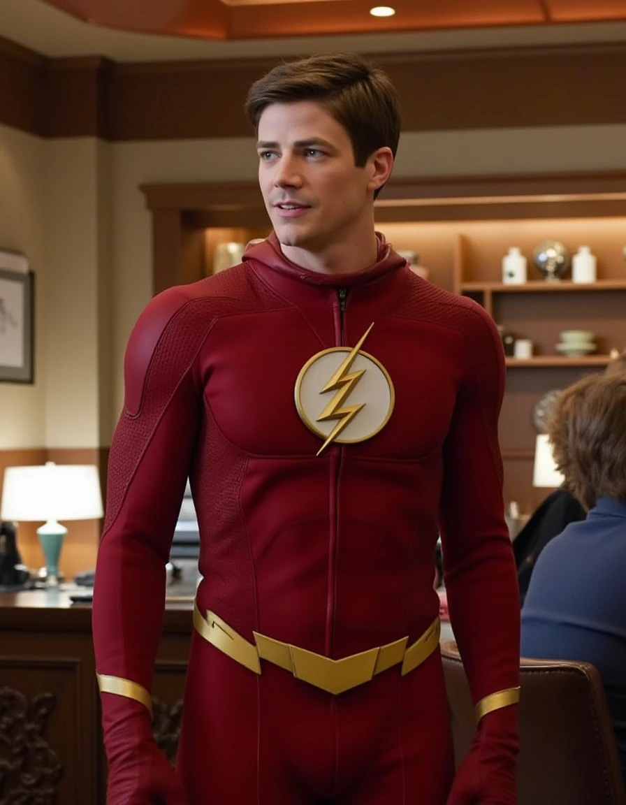 <lora:The_Flash_Flux:1> This is an image of Barry Allen wearing the flash costume, brown hair, standing in a cafe, looking at the viewer, smile