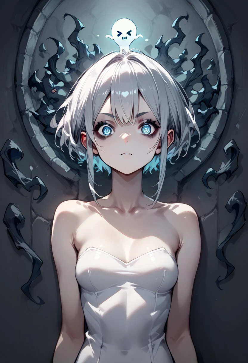 Score_9, score_8_up, score_7_up,source_anime, rating_safe,  portrait 1ghost_girl in interior of terror castle, white dress