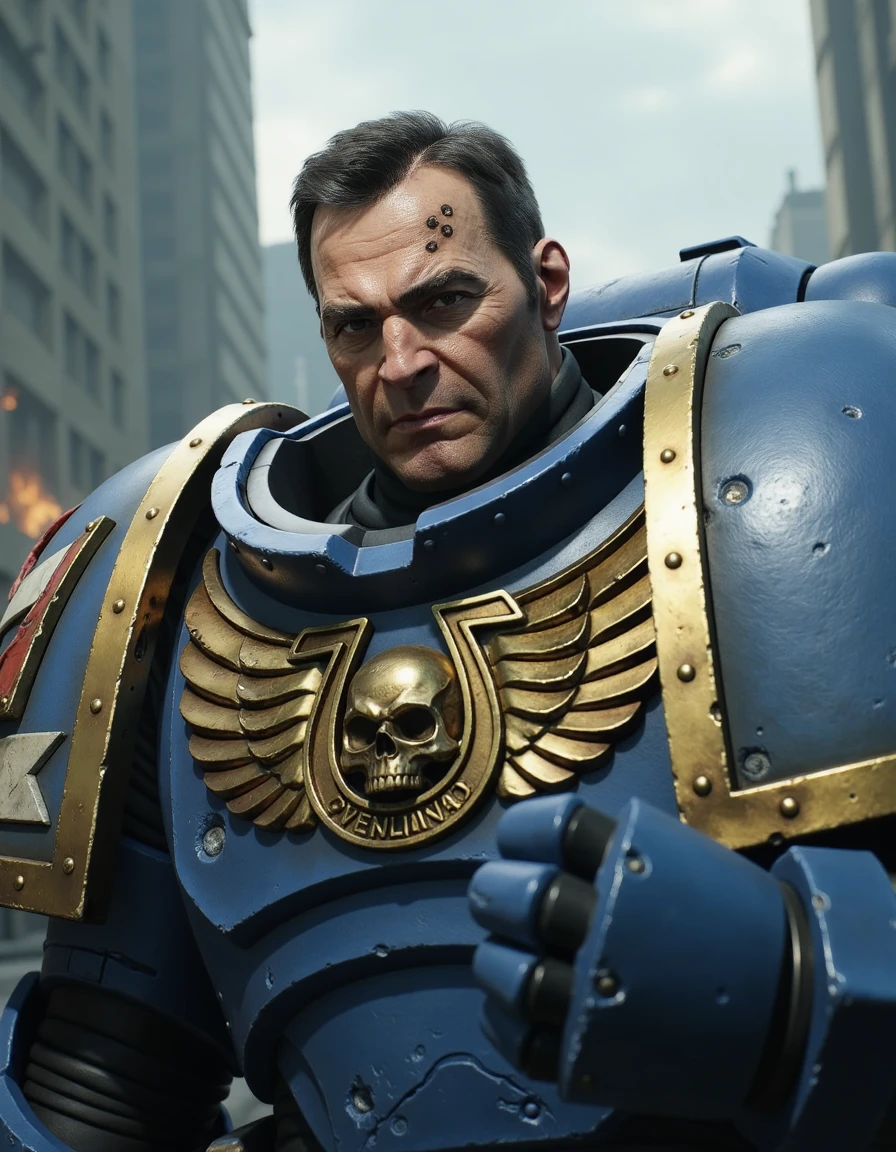 portrait of titus40k men wearing blue armor , solo, angry face, looking the viewer,  hold metal plate write:" MY NAME IS Demetrian Titus", background city destroyed apocalypse fx, <lora:Demetrian_Titus_-_Warhammer_40k-000021:0.7>âââ