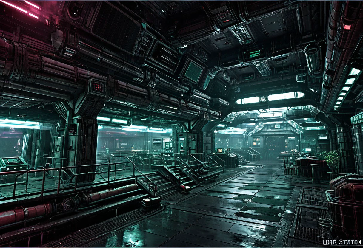 Science Fiction, scenery, space station, dirty, smoke, fog, indoors, neon lights 
 <lora:Sci-fi_Space_Stations:0.8>