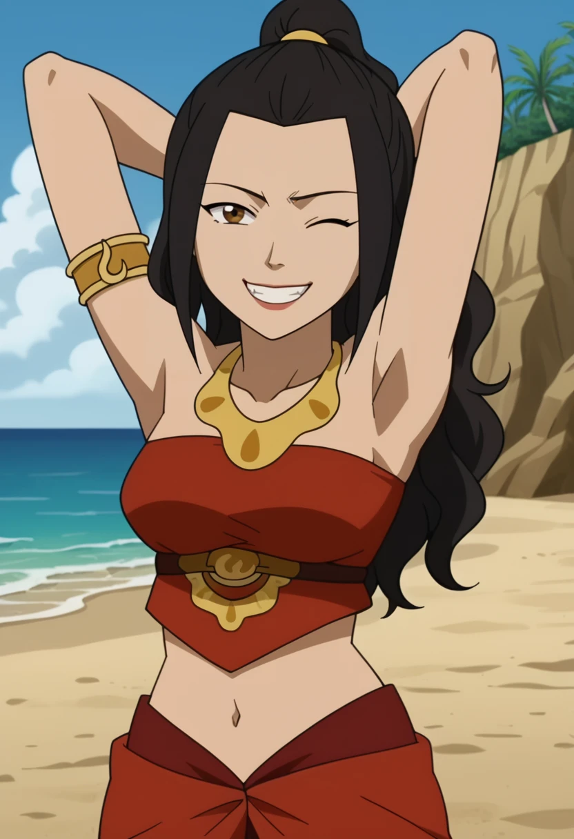 score_4_up, beach, anime screencap, anime coloring, source_anime, <lora:Azula_Wavy_Hair:0.8>, azul4, 1girl, solo, black hair, bare shoulders, necklace,  brown eyes, ponytail, wavy hair, armlet, crop top, sarong, midriff, sandals, toeless footwear,  long skirt,  sleeveless BREAK looking at viewer, portrait, smile, teeth, one eye closed, head tilt, arms behind head