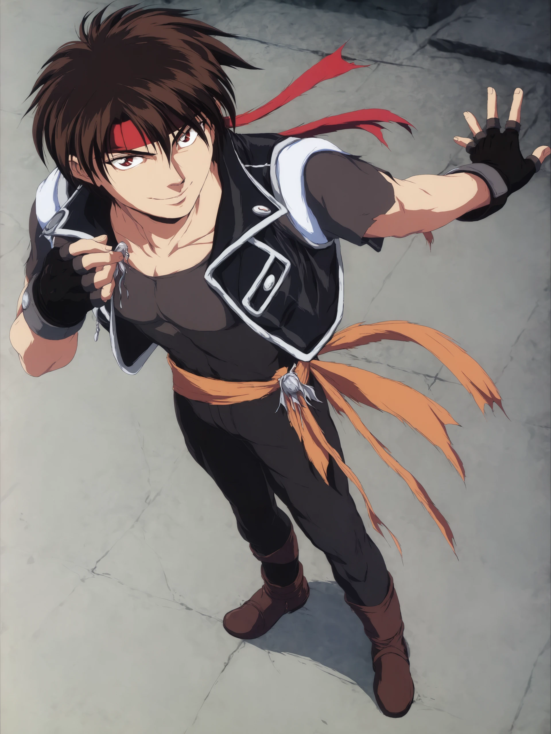 masterpiece, best quality, orphen, majutsushi orphen, retro artstyle, solo, looking at viewer, smile, brown hair, 1boy, gloves, red eyes, standing, jacket, full body, male focus, boots, pants, fingerless gloves, vest, headband, brown footwear, red headband, sensitive  <lora:Orphen_v1.0-000006:0.9>