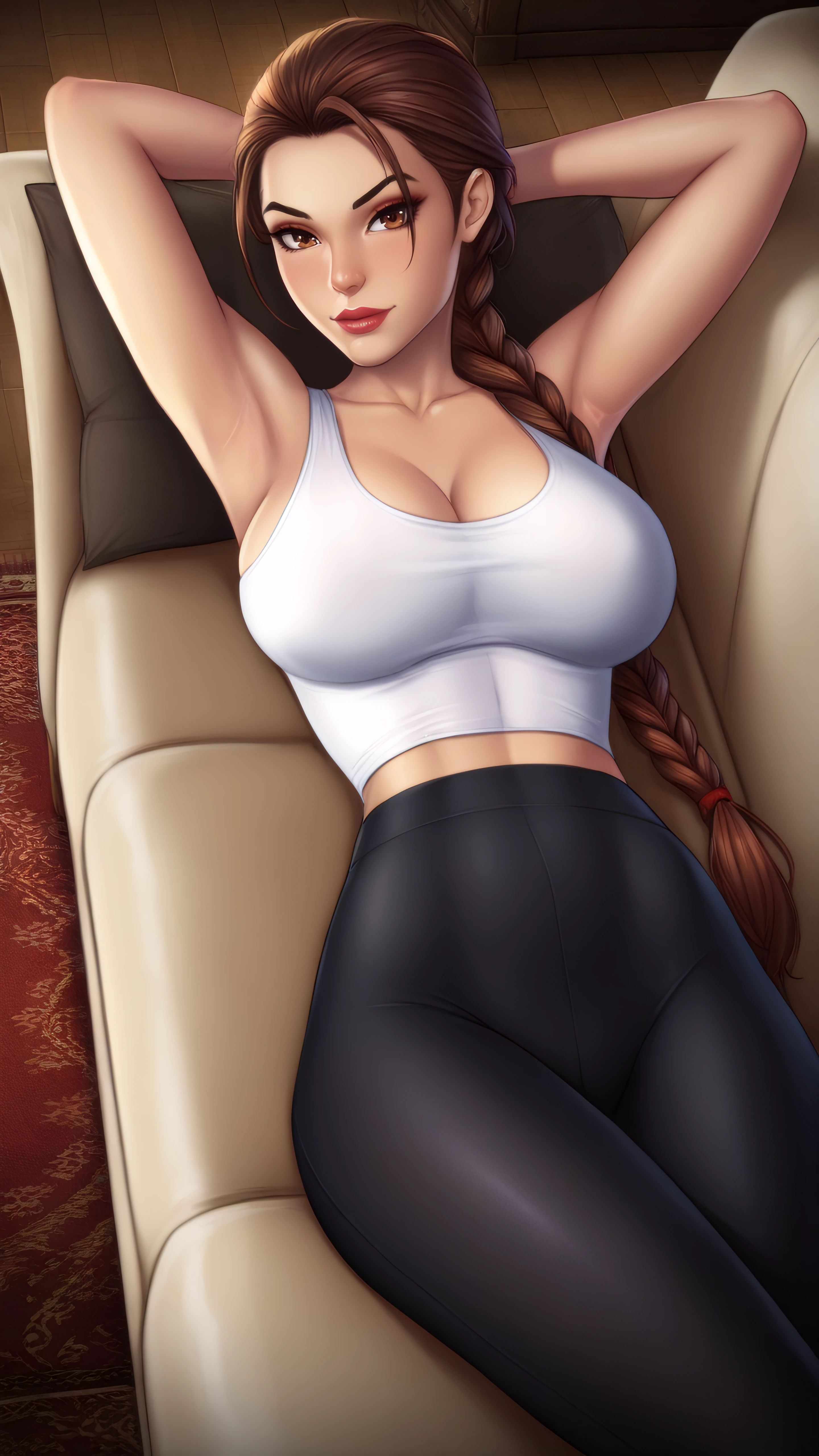 masterpiece, best quality, very aesthetic, absurdres, BREAK, 1girl, looking at viewer,  cowboy shot,
<lora:LaraCroft_ClassicV2_Illu_Dwnsty:0.8>, lara_classic, brown eyes, brown hair, braided ponytail, long braid, red nails, cleavage, lips, makeup, red lipstick, white tank top, yoga pants, black pants, 
large breasts, lips, skindentation, narrow waist, light smile, arms behind head, armpits, 
indoors, living room,carpet, table, cloudy sky, couch, on couch, lying, reclining, arm rest,