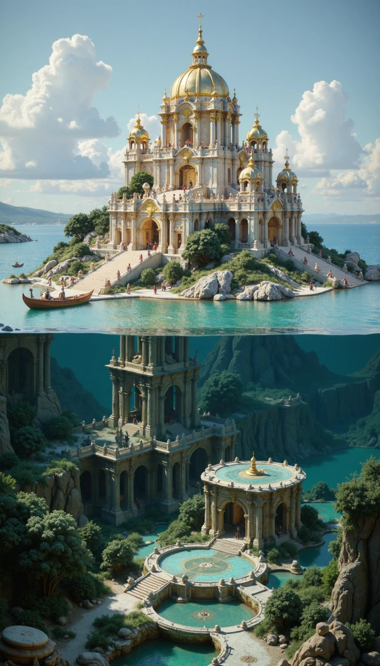 detailed city, A hyperrealistic, panoramic split scene depicting an opulent, gold-domed castle complex on an island, mirrored by a dilapidated edifice submerged beneath the crystal-clear water. The zenith light casts ethereal caustics through the water, illuminating the underwater ruins. Emphasize the juxtaposition of grandeur and decay, focusing on the architectural details and the interplay of light and shadow. The camera angle should be a low, wide shot, amplifying the sense of scale and mystery.