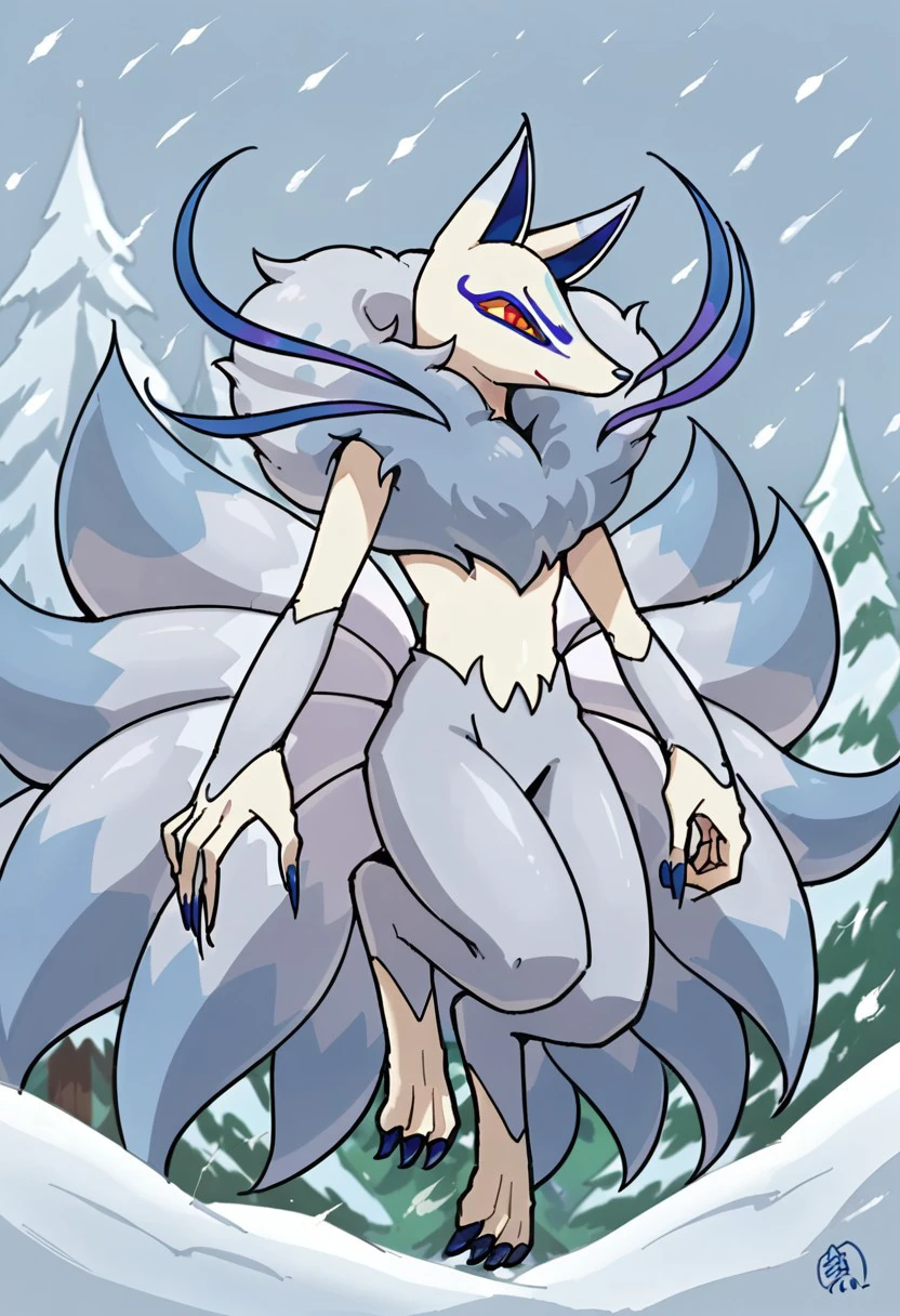 BREAK score_9_up score_8_up score_7_up, source_anime, 1girl, solo, Frostail_Yo-kai, silver fur, gray fur, white legs and torso, nine tails, multiple tails, gray tail tips, long blue nails, blue strands, yellow sclera, red eyes, snow storm,