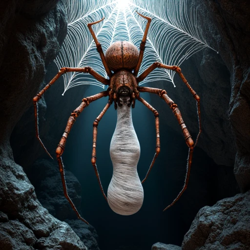 A large, meticulously crafted brown spider in the center of a cavernous cave background, its eight spindly legs standing firm on a thick web that stretches from the damp rock formations above. The spider's body, a mix of deep browns and blacks, is illuminated by a single shaft of light piercing through the darkness, casting eerie shadows across the intricate patterns of its silken prison. The focal point is a cocoon of webbing, perfectly round and taut, suspended in the middle of the web. Inside, a faint human silhouette can be discerned, the female form wrapped so tightly that all individual features are obscured, leaving only a haunting suggestion of her presence. The cocoon seems to pulse with a muffled rhythm, hinting at the trapped life within. The spider, its eight eyes gleaming with a sinister intelligence, stands guard over its precious prize, fangs at the ready should any disturbance threaten its dominion over this silent tableau of horror. The cave walls, a canvas of ancient stalactites and stalagmites, seem to close in around the scene, amplifying the sense of entrapment and isolation. The stark contrast between the spider's menacing stance and the female's helplessness creates a chilling atmosphere, invoking a tale of survival and predation that lies untold in the depths of this subterranean realm.