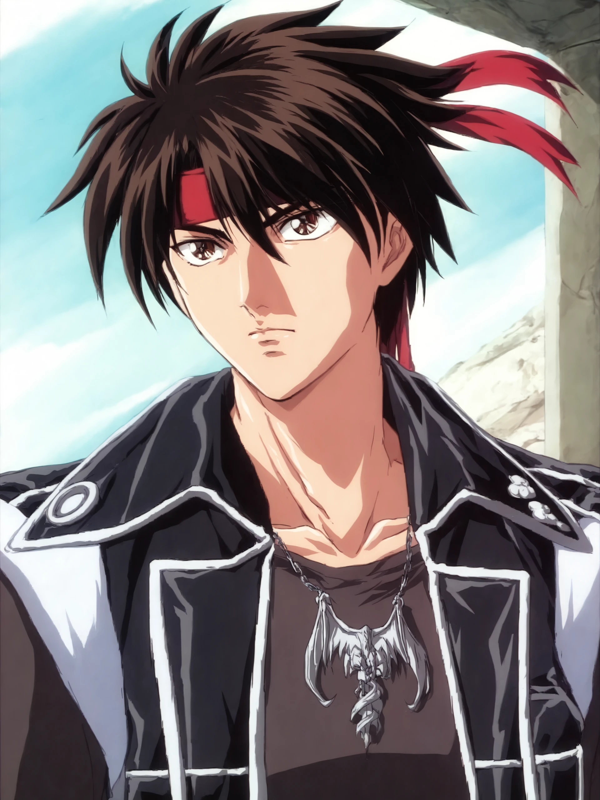 masterpiece, best quality, orphen, majutsushi orphen, solo, short hair, shirt, brown hair, black hair, 1boy, closed mouth, jewelry, brown eyes, jacket, collarbone, upper body, male focus, wings, sky, necklace, black jacket, black shirt, headband, portrait, spiked hair, leather jacket, red headband, sol badguy, general  <lora:Orphen_v1.0-000006:1>