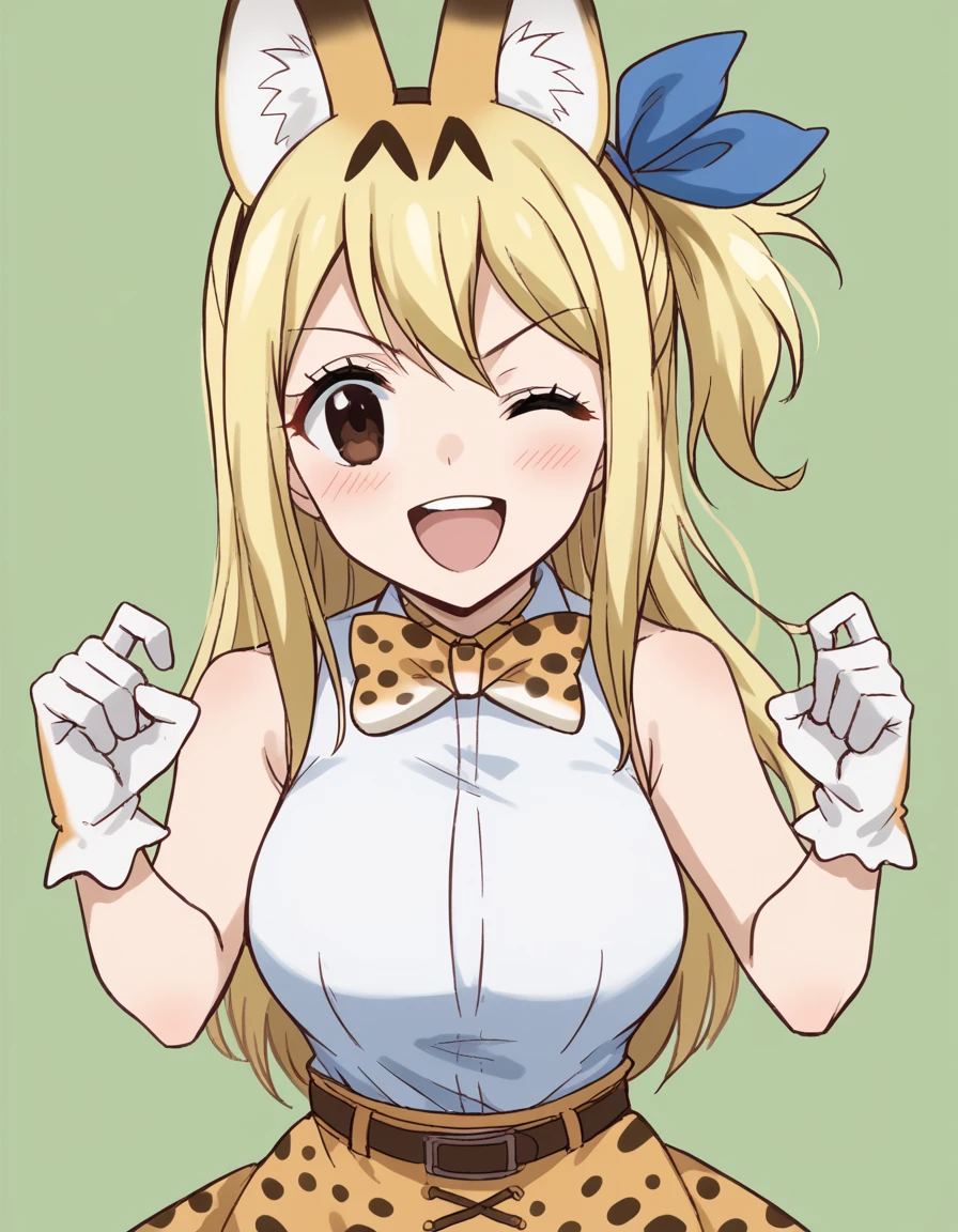 score_9, score_8_up, score_7_up, source_anime, lucyheartfilia, <lora:lucy-heartfilia-s7-ponyxl-lora-nochekaiser:1>, lucy heartfilia, blonde hair, brown eyes, long hair, one side up, ribbon, hair ribbon, blue ribbon, large breasts,, <lora:serval-cosplay-ponyxl-lora-nochekaiser:1>, serval cosplay, serval (kemono friends) (cosplay), serval print, print bowtie, print bow, two-tone bowtie, orange bowtie, two-tone bow, print skirt, white bowtie, orange bow, animal ears, belt, cat ears, fake animal ears, gloves, leopard print, yellow skirt, white shirt, sleeveless, sleeveless shirt,, savannah, open mouth, blush, smile, one eye closed,, cowboy shot, looking at viewer,