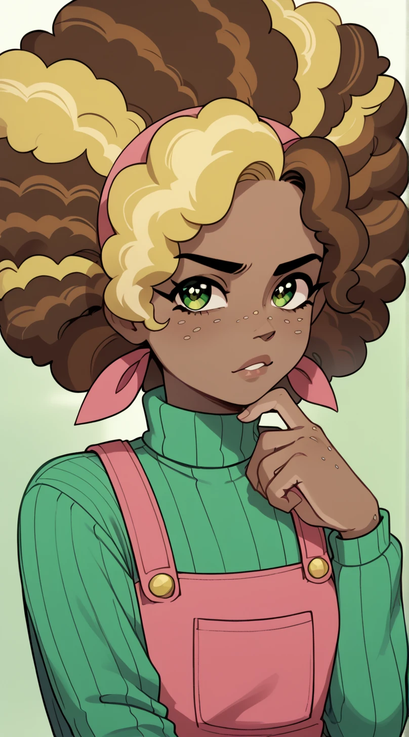 ((score_9)), score_8_up, score_7_up, high quality, masterpiece  Lorelai, green eyes, dark-skinned female, freckles, curly hair, brown hair, green eyes, 1girl, multicolored hair, two-tone hair, big hair, afro, Casual Lorelai, turtleneck sweater, overalls, ribbed sweater <lora:Lorelai_Blyndeff:1>