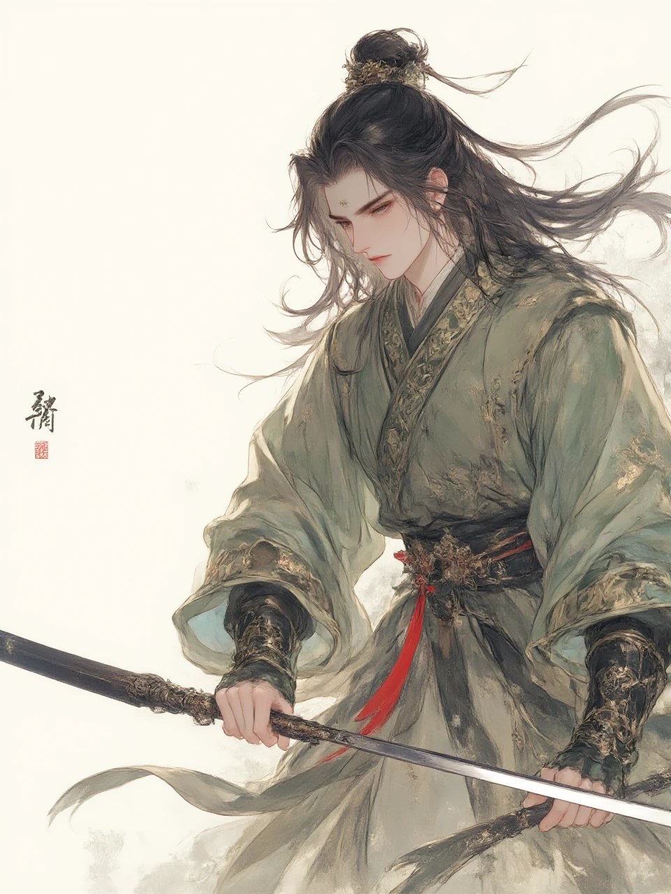 1boy, male focus, solo, long hair, hanfu, black hair, chinese clothes, weapon, sword, white background, holding, forehead mark, long sleeves, facial mark, simple background, closed mouth, wide sleeves, holding weapon, hair ornament, sash