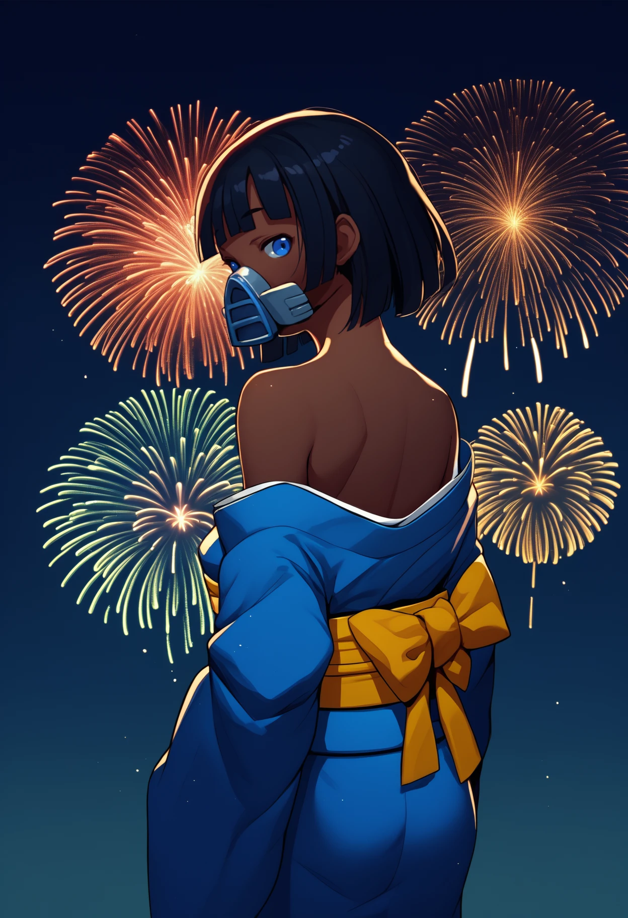 score_9, score_8_up, score_7_up, source_anime, <break> from behind, solo, 1girl, r0gu3, dark-skinned female, looking back, short hair, black hair, blunt bangs, gas mask, respirator, blue eyes, japanese clothes, blue kimono, off shoulder, yellow sash, obi, bare shoulders, fireworks
<segment:yolo-face_yolov8m.pt,0.4,0.5//cid=1>