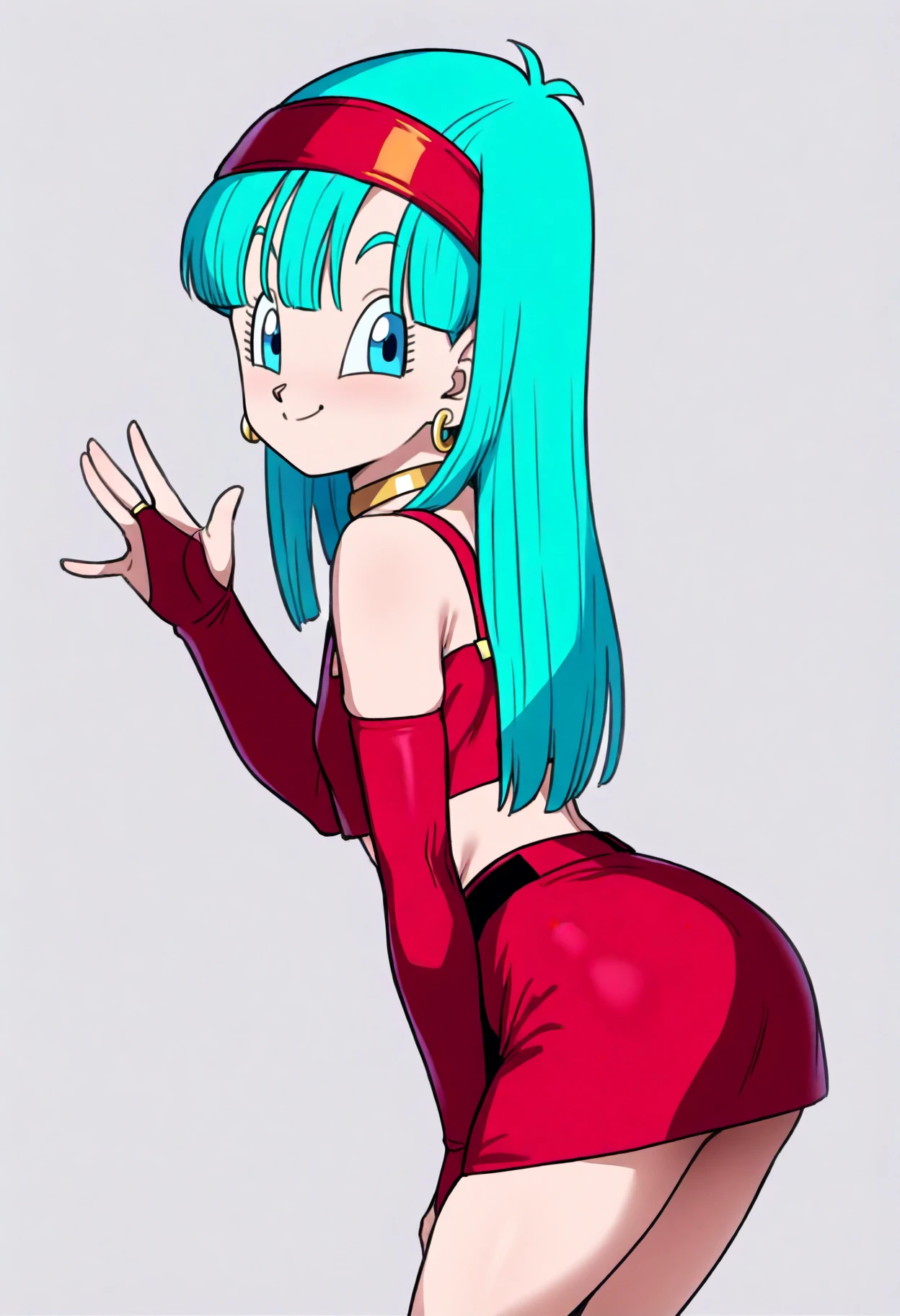 best quality, amazing quality, very aesthetic, absurdres,
1girl, bulla, aqua hair, blue eyes, hairband,
choker, crop top, earrings, red bridal gauntlets, red skirt,
leaning forward, waving, smile, looking at viewer, solo, simple background, white background,    <lora:BullaIllustriousXL_byKonan:1>