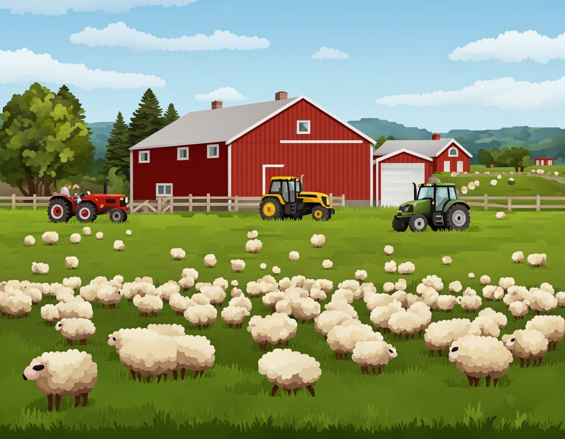 <lora:51gg1_06F1D-000010:1.0>,51gg1 style,an idylic farm, with a large barn and farm house, tractors, with sheep roaming the grassy fields,detailed,vector art,colorful,digital art