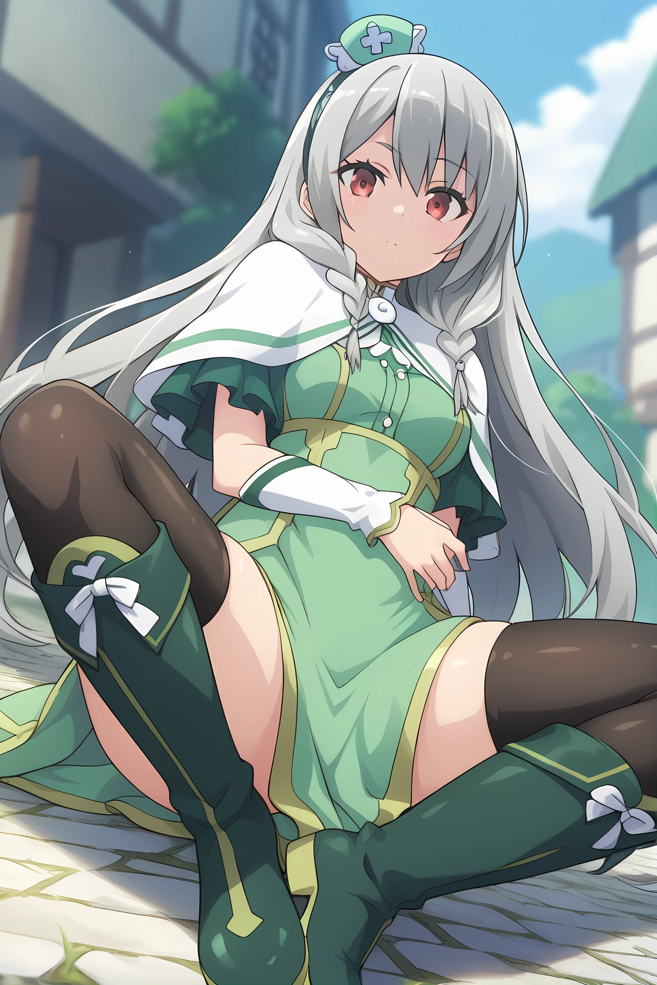 (green dress white capelet green headdress black thighhighs green boots:1.40), ig-maidena, grey hair, red eyes, 1girl, solo, skinny, score_9, score_8_up, score_8, score_7_up, score_7, score_6_up, score_6, score_5_up, score_5, source_anime, (horny:1.10), night sky outdoors, (0.2:close-up depth of field:1.20), (:1.20), feet, <lora:ig-maidena-V01-000003:0.70> medium breasts, long hair, single braid