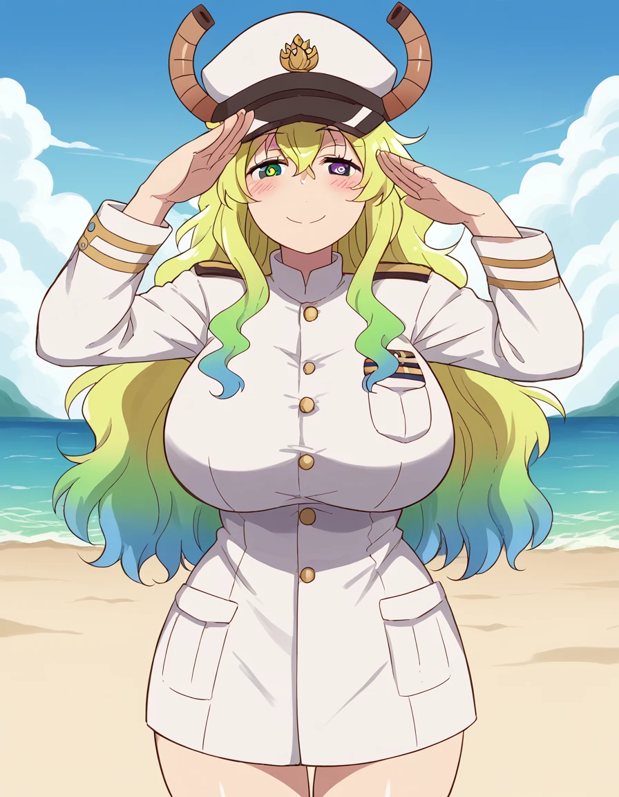 score_9, score_8_up, score_7_up, source_anime, <lora:dragon-lucoa-s2-ponyxl-lora-nochekaiser:1>, lucoa, blonde hair, blue hair, dragon girl, gradient hair, green hair, hair between eyes, horns, huge breasts, multicolored hair, green eyes, purple eyes, yellow pupils, heterochromia,, <lora:kancolle-admiral-cosplay-ponyxl-lora-nochekaiser:1>, kancolle admiral cosplay, admiral (kancolle) (cosplay), naval uniform, cosplay, military uniform, military, peaked cap,, beach, salute, blush, smile, cowboy shot, looking at viewer,