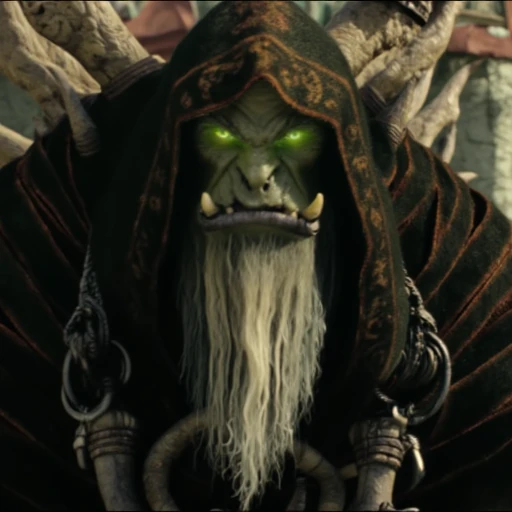 Screenshot from the warcraft Movie that features Gul'dan, orc warlock as a central figure in his robe The image is a photograph from a fantasy film, depicting a scene set in a mystical, medieval-like environment. The central figure is a large, green-skinned orc with a long, white beard and a menacing expression. He is dressed in a dark, hooded cloak with intricate, golden patterns, and the hood is pulled back to reveal his face. His eyes glow with an eerie, unnatural light.