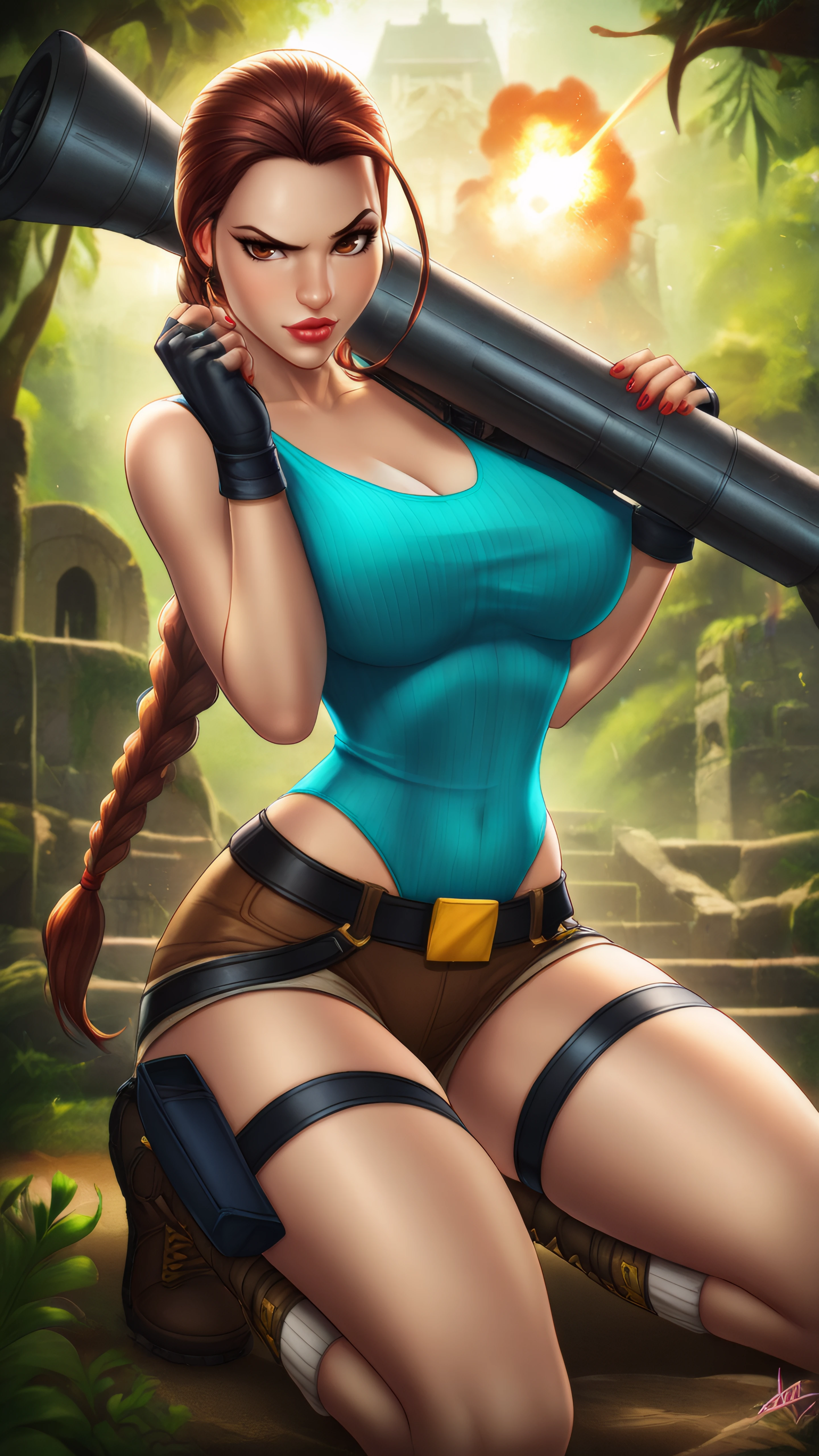 masterpiece, best quality, very aesthetic, absurdres, BREAK, 1girl, looking at viewer,  cowboy shot,
<lora:LaraCroft_ClassicV2_Illu_Dwnsty:0.8>, lara_classic, brown eyes, brown hair, braided ponytail, long braid, blue tank top, short shorts, fingerless gloves, black gloves, thigh strap, thigh holster, belt, red nails, cleavage, lips, makeup, red lipstick, 
large breasts, lips, skindentation, narrow waist, raised eyebrow, weapon over shoulder, rocket launcher, firing, steam, explosion, 
outdoors, nature, jungle, temple, ruins, sand, sunlight, squatting,