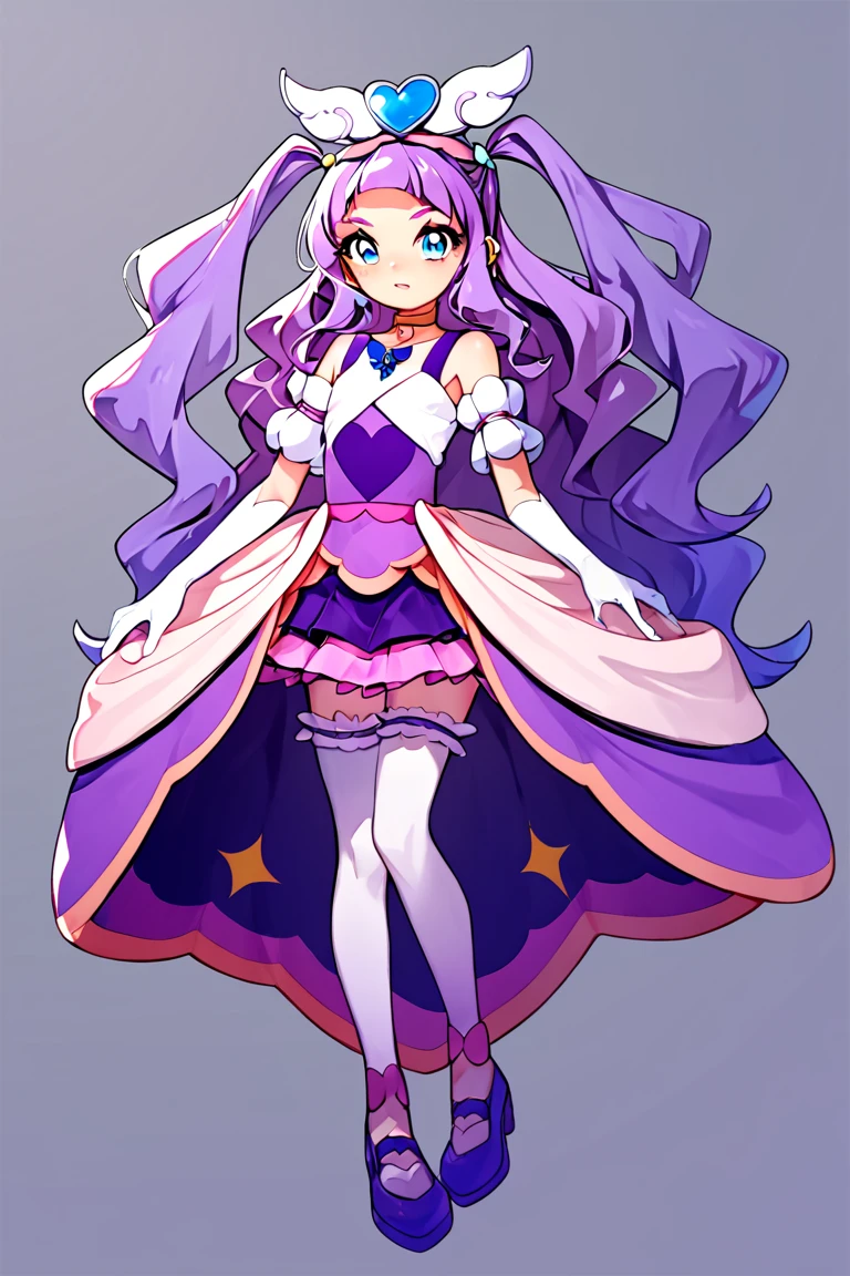 score_9, score_8_up, score_7_up, flat chested, curemajesty, 1girl, solo, purple hair, purple dress, gloves, long hair, dress, thighhighs, magical girl, white gloves, blue eyes, elbow gloves, jewelry, earrings, full body, white thighhighs, purple footwear, choker