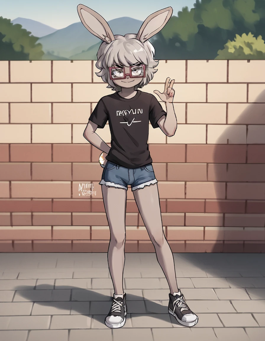 outdoors,
detailed background,
Grayson,1boy,solo,short hair,rabbit ears,glasses,grey hair,rabbit tail,seductive smile,long eyelashes,full body, 
denim shorts, black t-shirt, 
<lora:Grayson_v01_PDXL:1>,
<lora:add-detail-xl:1>,