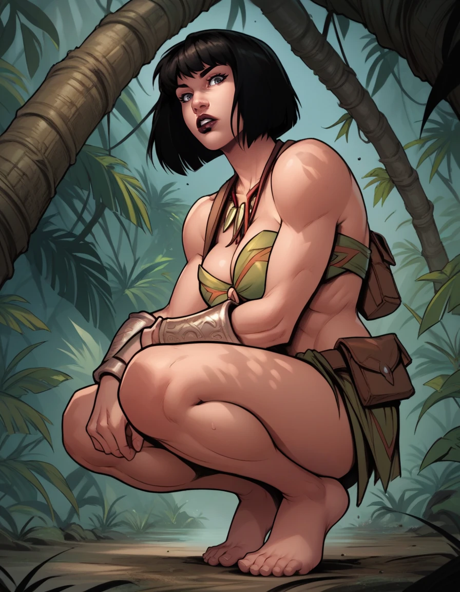 score_9, score_8_up, score_7_up,score_6_up, score_5_up, score_4_up ,
1girl, solo,
large breasts,
loheenahDG,  parted lips, 
Short hair, black hair, 
squatting,  barefoot, 
from below, jungle, 
<lora:Loheenah DG PXL v02-000003:0.90>