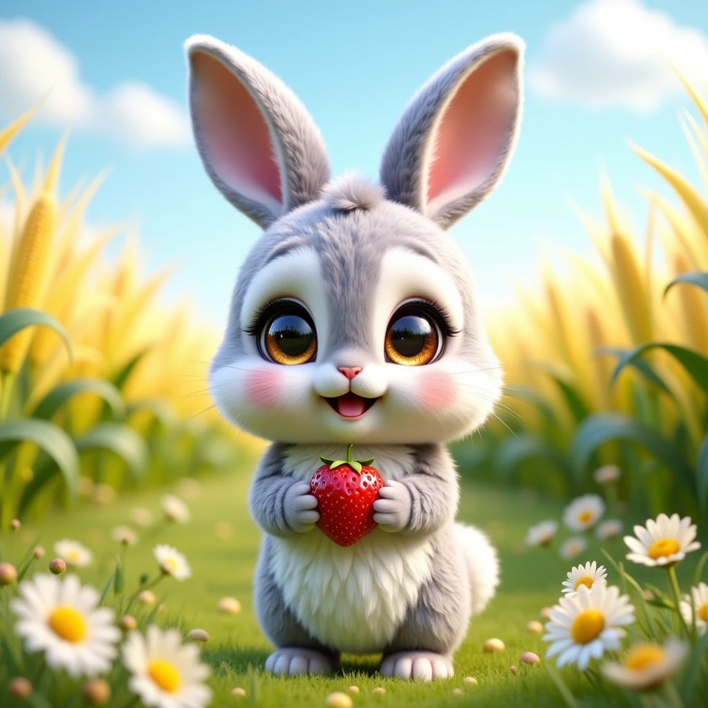 pam-swtvrld a happy gray bunny holding a strawberry on a field with corn and flowers on a warm summerday.