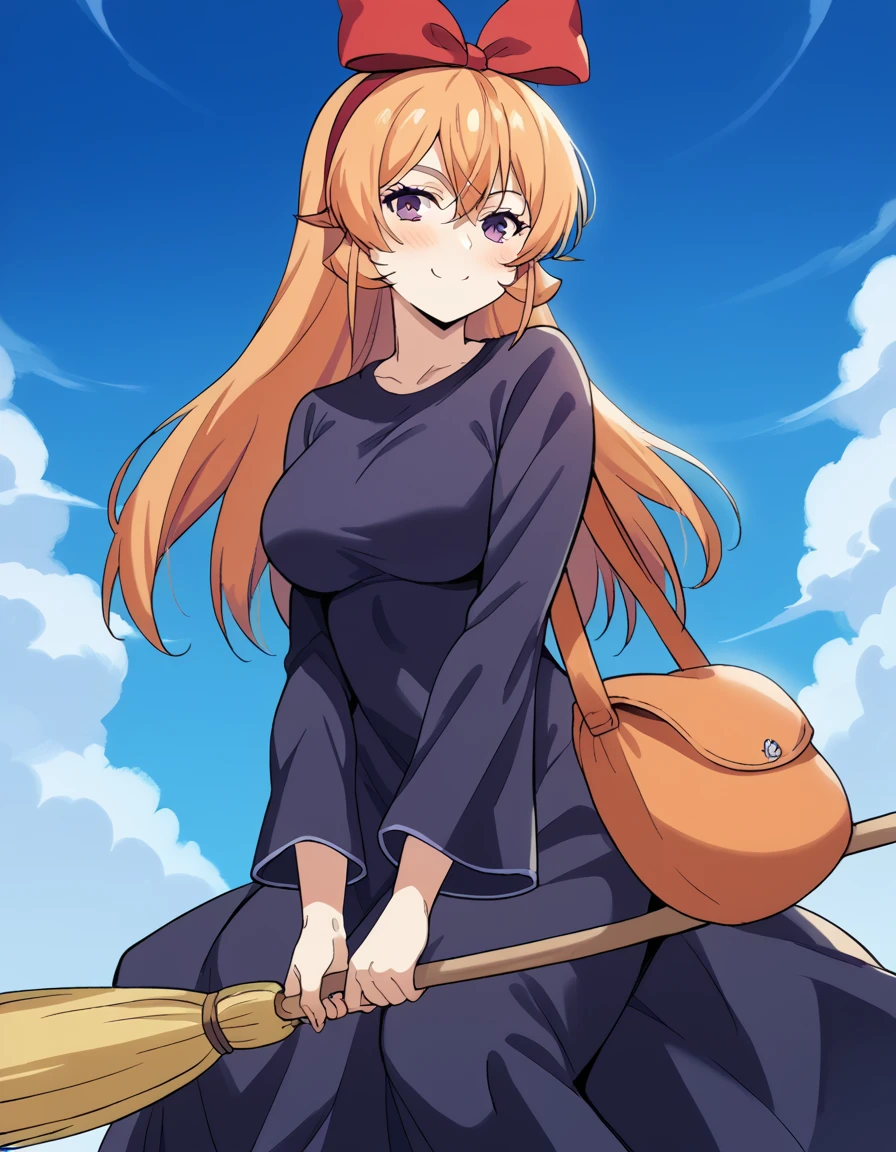 score_9, score_8_up, score_7_up, source_anime, <lora:erina-nakiri-s1-ponyxl-lora-nochekaiser:1>, erina nakiri, long hair, orange hair, purple eyes, hair between eyes, large breasts, <lora:witch-kiki-cosplay-ponyxl-lora-nochekaiser:1>, witch kiki cosplay, kiki (majo no takkyuubin) (cosplay), bag, black dress, bow, bow hairband, cosplay dress, hairband, long dress, red bow, red hairband, shoulder bag, sleeves past elbows,, blue sky, broom, broom riding, smile, blush,, cowboy shot, looking at viewer,