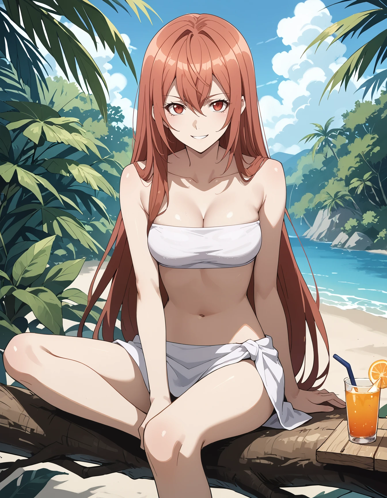 (score_9, score_8_up,score_7_up,source_anime,anime),solo,1girl,<lora:Hakaze:1>, Hakaze,long hair,red hair,red eyes 
,smile
BREAK
cleavage,midriff,tube top,towel,bare foot
,Sitting on a tree,beach
BREAK 
looking at viewer  <lora:NoctFlatStyleV4:0.6>