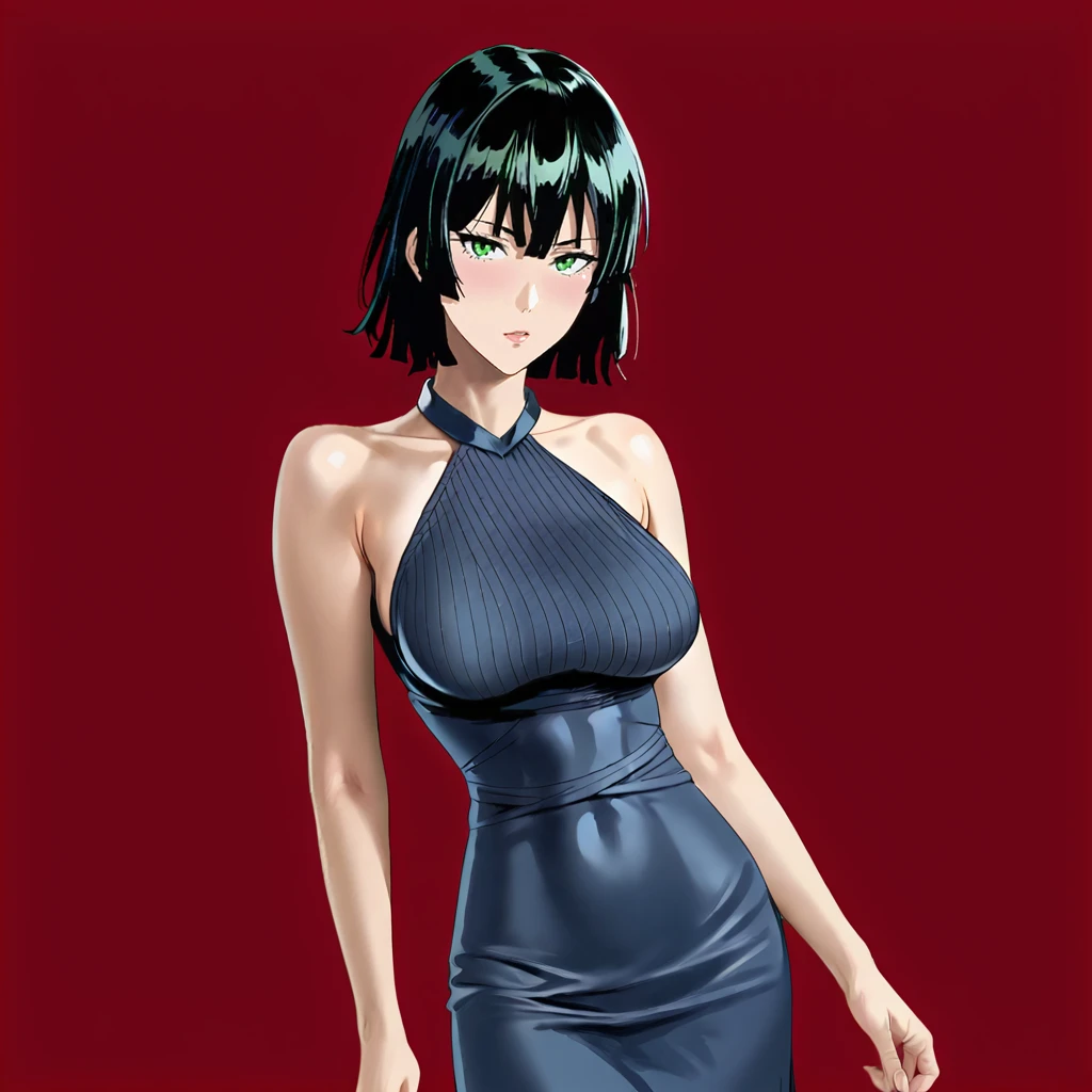 <lora:Fubuki_pony_v1:0.7> Fubuki, 1girl, fubuki (one-punch man), black hair, short hair, large breasts, green eyes, bangs, cowboy shot,,  <lora:0932 Home wear 9_v1_pony:1> ruanyi0932,blue dress,halter dress,sleeveless,cowboy shot,taut dress,skin tight,long dress