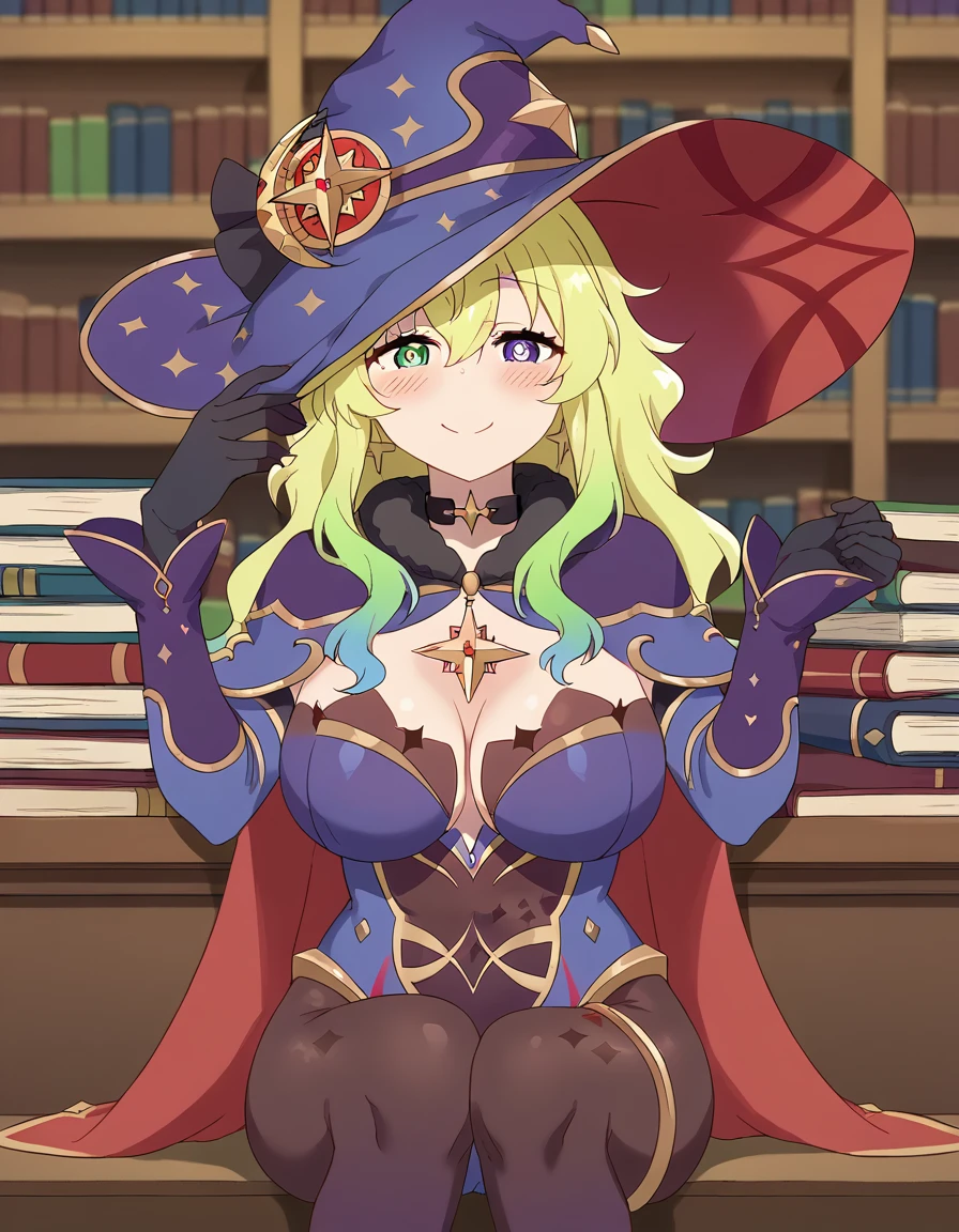 score_9, score_8_up, score_7_up, source_anime, <lora:dragon-lucoa-s2-ponyxl-lora-nochekaiser:1>, lucoa, blonde hair, blue hair, dragon girl, gradient hair, green hair, hair between eyes, horns, huge breasts, multicolored hair, green eyes, purple eyes, yellow pupils, heterochromia,, <lora:genshin-mona-cosplay-ponyxl-lora-nochekaiser:1>, genshin mona cosplay, mona (genshin impact) (cosplay), gloves, hat, jewelry, earrings, detached sleeves, choker, black gloves, cape, leotard, witch hat, hat ornament,, indoors, library, books, sitting, smile, blush, cowboy shot, looking at viewer