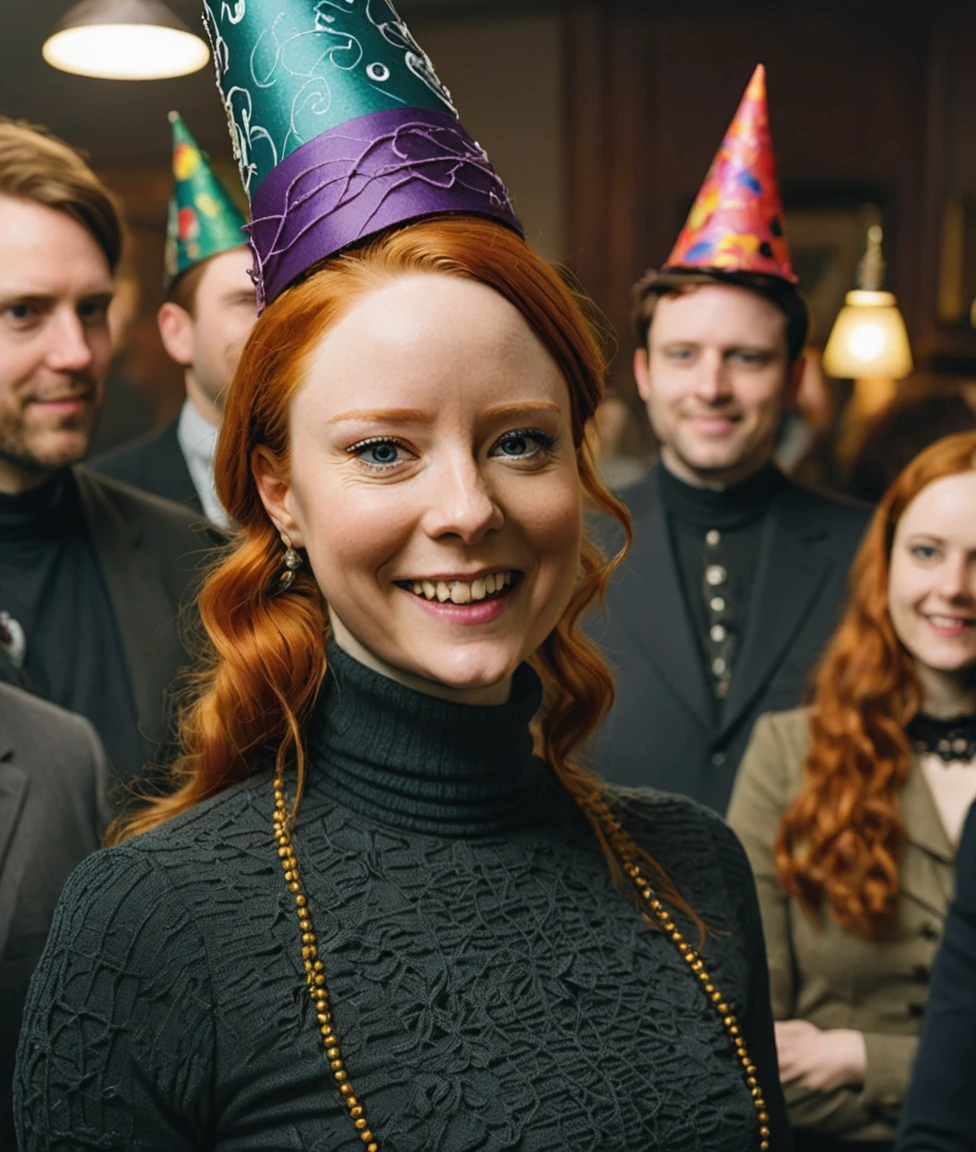 a professional absurdres sharp focus intricately detailed full torso photograph of Barbara_Meier,
She's wearing a turtleneck and quasi-victorian in a crowded office with a mischievous grin, putting a party hat onto the head of a coworker,
The background is dark and epic, The overall tone is intense, dark fantasy,  but with slivers of whimsy throughout,
 <lora:Barbara_Meier-SDXL10:1>