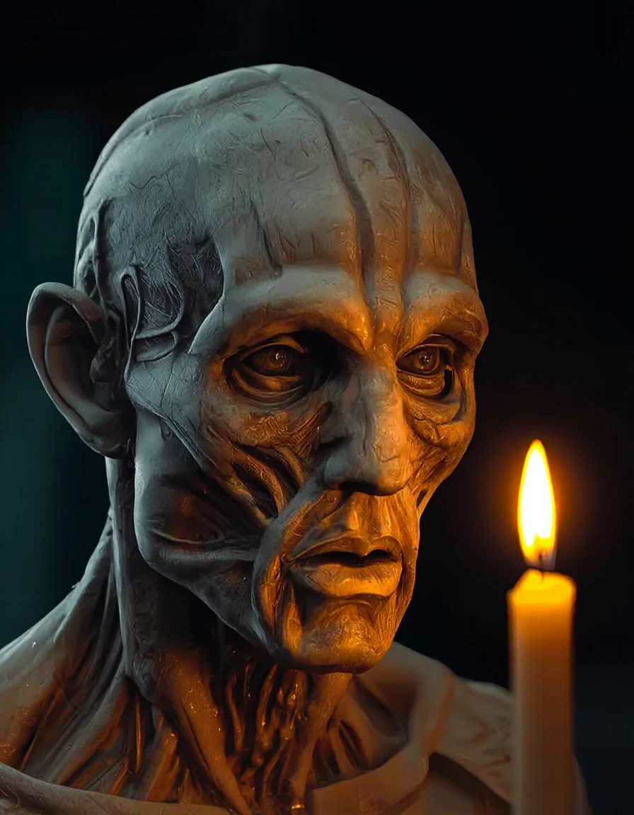 best quality, highty detailed, cinematic photorealistic, dark mood by night, by the light of sepulchral candles a close-pu portrait of a stone skinned man  JAHOUTON <lora:houton:1.7>  in a swampy cemetery in louisiana, intricate details, accentued dark contrast, cinematic burning lighting, 32KHD,