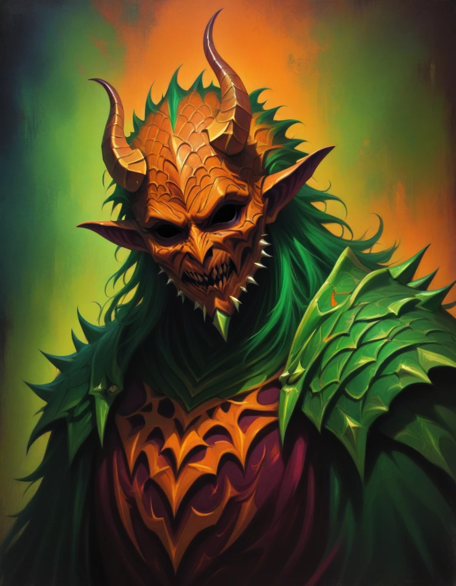 masterpiece, best quality, cinematic lighting, hollow eyes, Wicked evil armor with a cunningly looking face, a mix of scales and spiky, horn-like protrusions. Its body is a vibrant blend of colors, including shades of orange, red, green, and white, with intricate patterns and textures<lora:Hollow_Eyes_Portrait_SDXL:1>