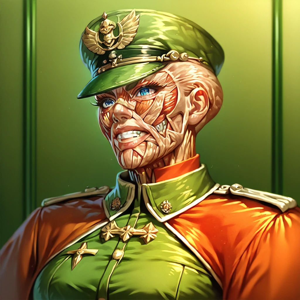 score_9, score_8_up, score_7_up, score_6_up, score_5_up, score_4_up, bald,ecorche, <lora:EcorchePony:1>,   source_anime,youjo_senki,1girl,solo,cropped,portrait,tanaya_degurechaff,(green military hat,green military uniform),huge ahoge,chibi, thick eyelashes,grin,blue eyes,indoors,barracks