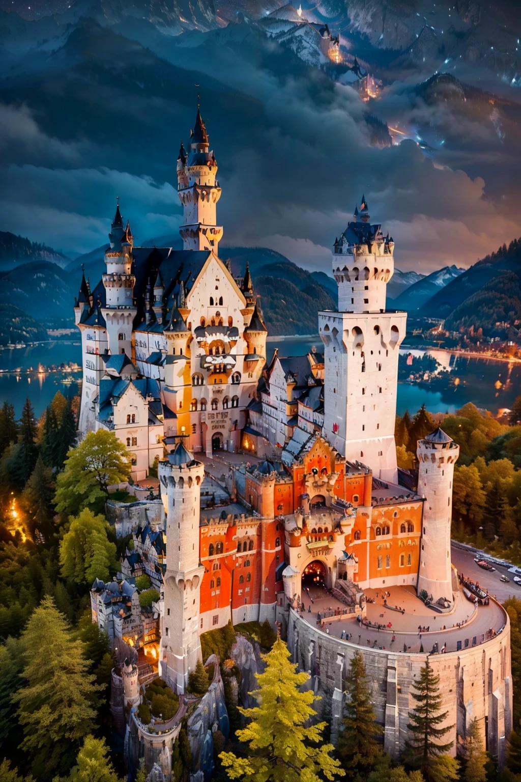 ((masterpiece, best quality)), <lora:Neuschwanstein_Castle:0.8>, high resolution, highly detailed,    Neuschwanstein Castle, tree, traditional media, forest, mountain, landscape, starry sky, night, cosmos