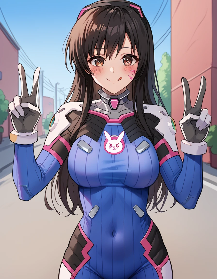 score_9, score_8_up, score_7_up, source_anime, <lora:yui-kotegawa-darkness-ponyxl-lora-nochekaiser:1>, yui kotegawa, black hair, brown eyes, long hair, large breasts, <lora:overwatch-dva-cosplay-ponyxl-lora-nochekaiser:1>, overwatch dva cosplay, d.va (overwatch) (cosplay), bodysuit, cosplay, covered navel, skin tight, vertical-striped bodysuit, streets, smile, blush, v, v over eye, tongue out, cowboy shot, looking at viewer