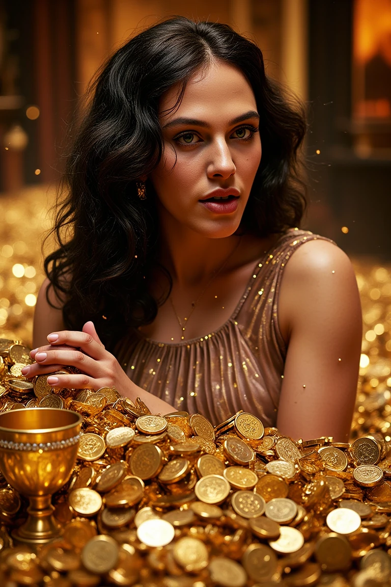 half-body portrait of a woman, emerging from a massive pile of shimmering gold coins, in a dramatic and fantastical setting.

long, tousled black hair, tangled with strands of gold, sweat glistening on her face, with dirt and dust smudging her soft makeup, lips slightly parted in exhaustion, eyes wide with determination and struggle.

wearing a torn, once-elegant gown, now clinging to her as she tries to push herself up, one arm extended, grasping the edge of the treasure pile, the other hand struggling to pull her leg free from the cascading coins, as they shift and bury her further.

surrounded by dragon treasures—jeweled goblets, golden crowns, and ancient artifacts—spilling over the edges, dim firelight flickers in the background, casting deep shadows that hint at the looming presence of a dragon nearby.

rich, golden tones, dramatic, intense lighting, evoking both danger and allure, cinematic, otherworldly, with a sense of fantasy, struggle, and survival amidst overwhelming opulence.