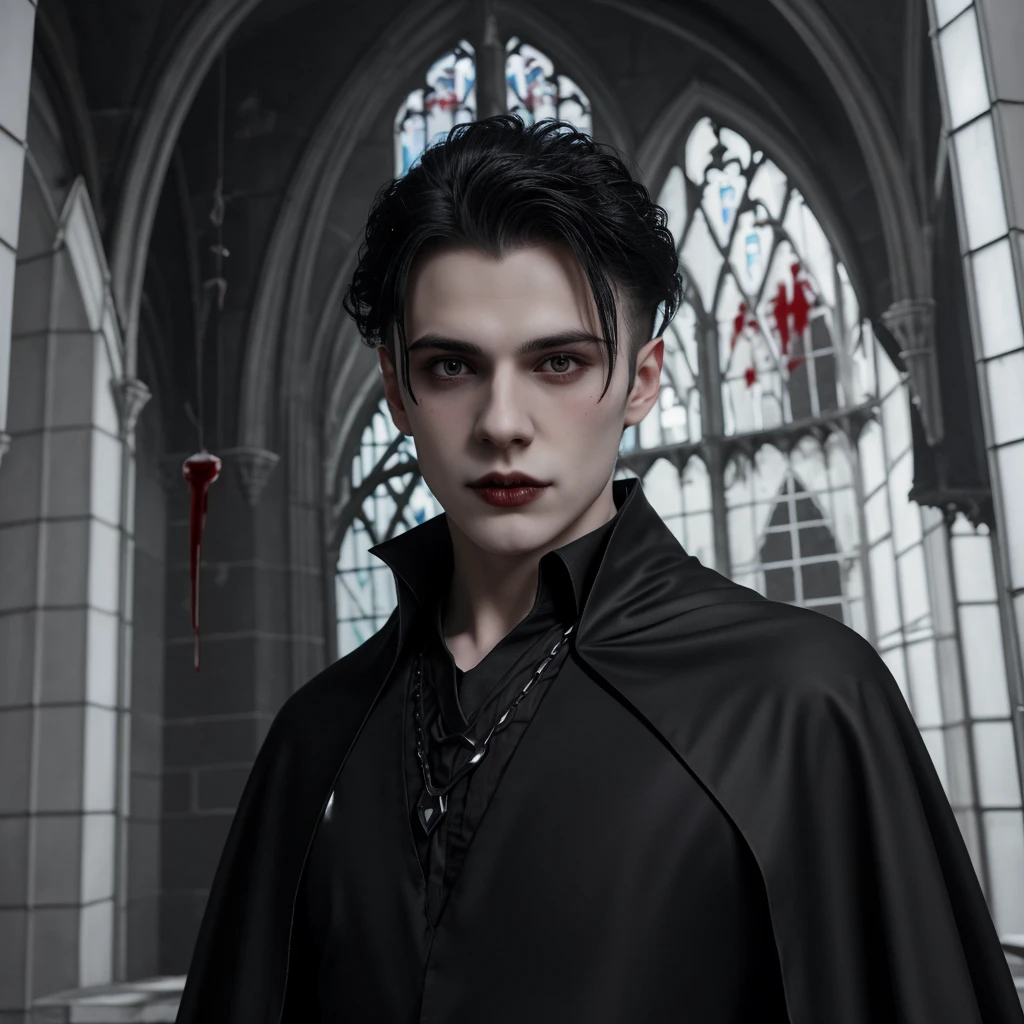 photo realistic,male, young vampyr, gothic castle, vampyr boy, pale skin, black hair, , bangs, , giant epic castle, stained glass background, black cape , curtins, mouth stained with blood, slim body, cape
<lora:tendril_bangs_v1.9:1.5>