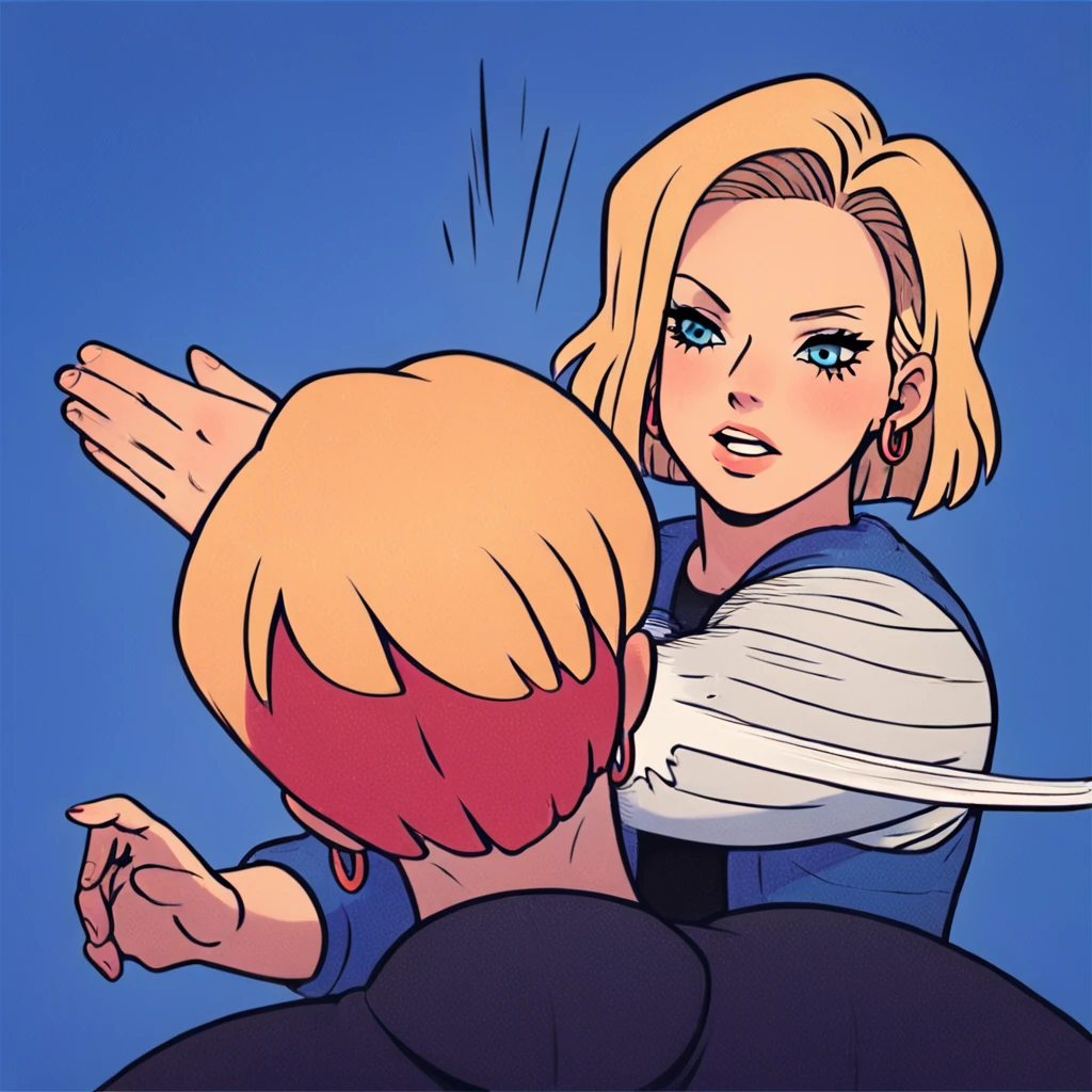 score_9, score_8_up, score_7_up, score_6_up, score_5_up, score_4_up,   <lora:android-18-ponyxl-lora-nochekaiser:1> ,android 18, blonde hair, blue eyes, eyelashes, hoop earrings, short hair, earrings,  <lora:batman_slap:1>, 2girl, slapping, slapping motion, motion lines, masterpiece, highres