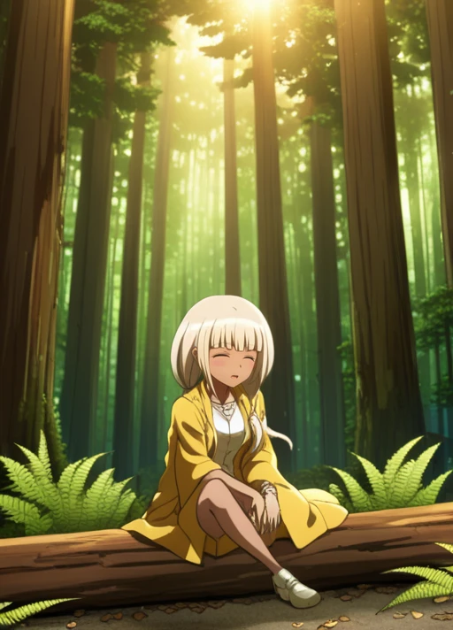 <lora:Angie_Yonaga_SDXL:1>, This is an anime screencap from Danganronpa 3. ,  .  Angie Yonaga wearing her uniform from Danganronpa V3. She has tanned skin. Her platinum blond hair is pulled back into two loose, wavy ponytails. She's wearing a closed and buttoned yellow smock that reaches to her knees with her school's crest on her shoulders. The smock has loose sleeves  She has a white beaded bracelet on her left wrist. Angie Yonaga is within A sunlit forest scene with towering evergreen trees. Thick trunks of redwoods or cedar trees dominate the foreground, their bark textured and mossy. Dappled sunlight filters through the canopy, creating a misty, ethereal atmosphere. The forest floor is carpeted with fallen leaves and pine needles, giving it a rich, earthy brown color. Ferns and other low-lying vegetation dot the ground, with some catching direct sunlight and appearing vibrant green. In the mid-ground, shafts of bright sunlight pierce through the trees, illuminating particles in the air and creating a magical glow. The background fades into a soft, hazy green as the trees recede into the distance. The overall mood is peaceful and primeval, suggesting an early morning in late autumn or early winter in a temperate rainforest. Angie Yonaga interacts with the environment.