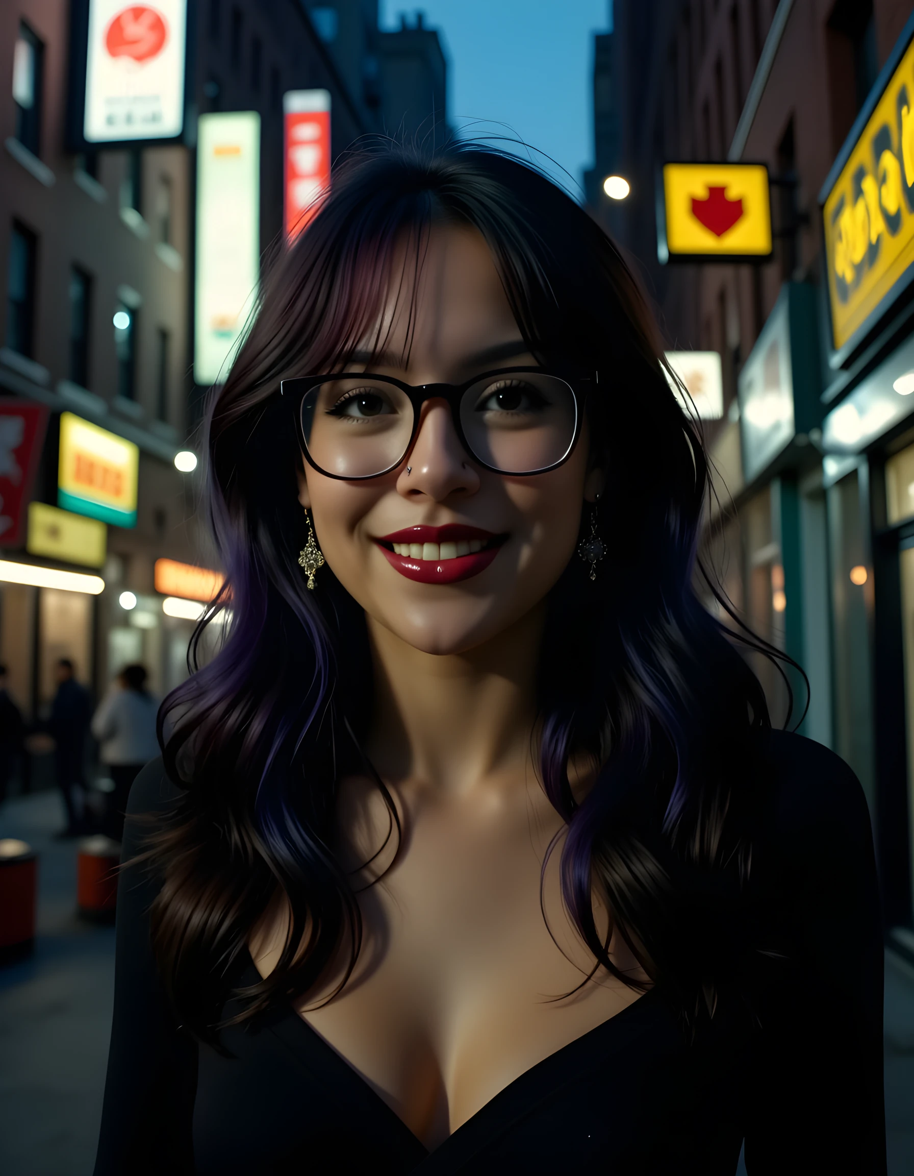 In a gritty, noir-inspired scene reminiscent of 1940s New York City, the camera angles from below emphasizes Allyd's strong presence as she stands in a dimly lit alleyway. Her piercing black eyes are accentuated by black-framed eyeglasses, while her long, wavy hair cascades down her back like a dark waterfall. The contrast of the light illuminating her radiant smile and gleaming teeth against the shadows of the cityscape creates an intriguing emotional tone. Her earrings, small but striking, sparkle under the dim streetlight, adding a touch of glamour to this otherwise moody setting, further emphasizing Allyd's unique charm.