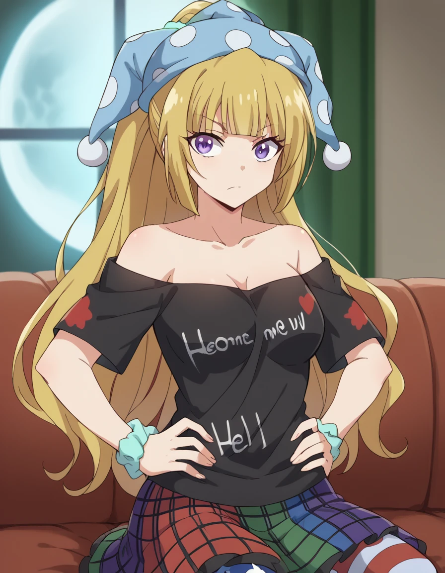 score_9, score_8_up, score_7_up, source_anime, keikaruizawa, <lora:kei-karuizawa-anime-s2-ponyxl-lora-nochekaiser:1>, kei karuizawa, long hair, bangs, blunt bangs, purple eyes, blonde hair, hair ornament, ponytail, scrunchie, blue scrunchie, medium breasts,, <lora:hecatia-lapislazuli-cosplay-ponyxl-lora-nochekaiser:1>, hecatia lapislazuli cosplay, hecatia lapislazuli (cosplay), off-shoulder shirt, multicolored skirt, clothes writing, cosplay, t-shirt, clownpiece (cosplay), eart (ornament), moon (ornament), jester cap, off shoulder, polka dot headwear, multicolored clothes, black shirt, american flag legwear, underworld (ornament), indoors, sitting, hands on own hips, cowboy shot, looking at viewer