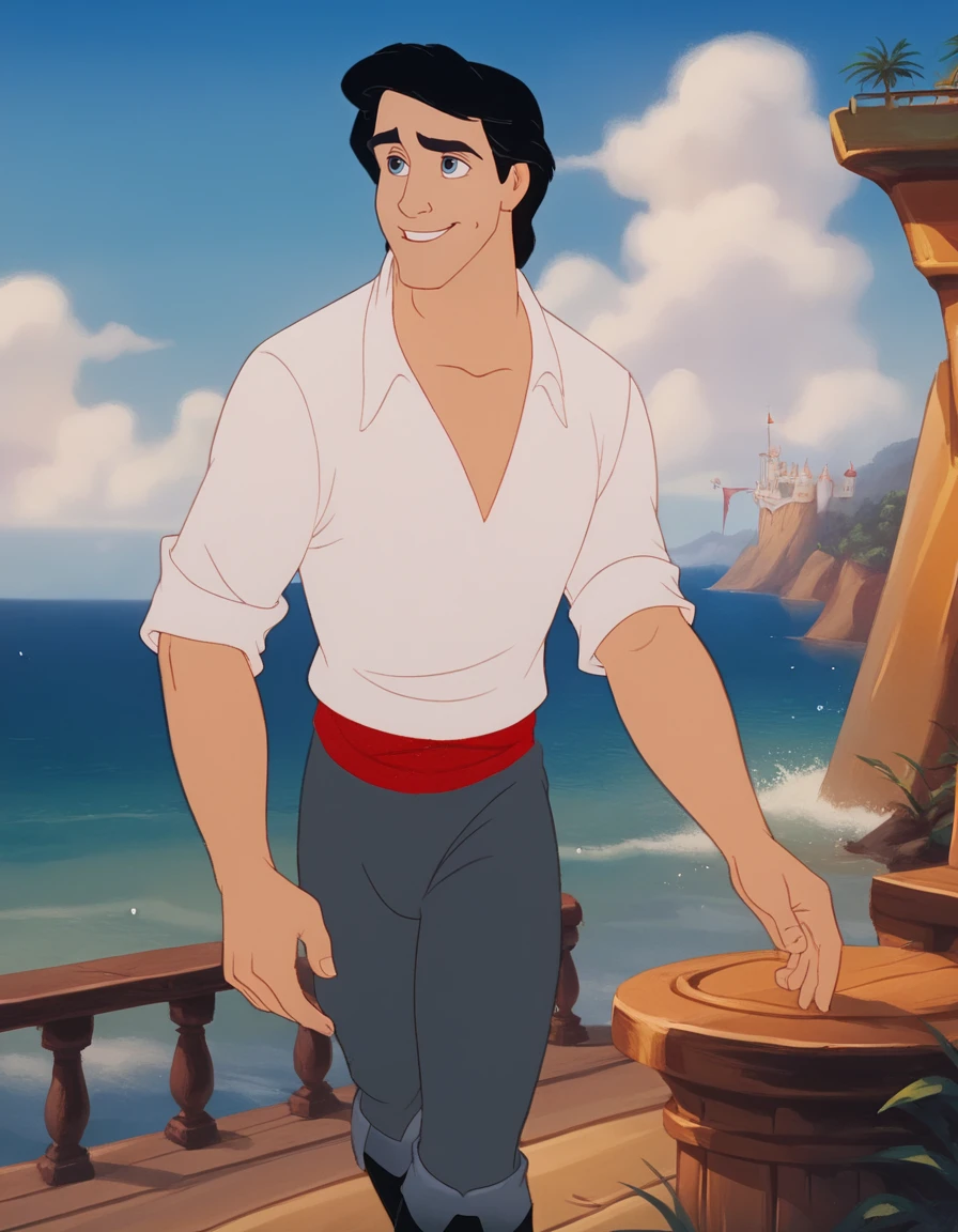 score_9, score_8_up, score_7_up,
Prince_Eric_LTM, 1boy, black hair, light-blue eyes, white shirt, three-quarter sleeves, red waistband, gray pants, black boots,
solo, walking slowly, light smile, looking at viewer,
sea shore, sea waves, fantasy white castle on a high cliff in the background,
best quality, much detailed, high resolution, Expressiveh, zPDXL3, <lora:Prince_Eric_LTM:1>, <lora:Smooth Anime Style LoRA XL:0.8>, <lora:Expressive_H:0.6>, <lora:add-detail-xl:1>, <lora:zPDXL3:1>âââ