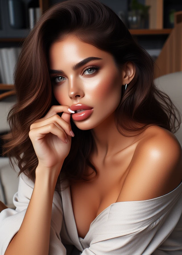  a full body image of an attractive woman pressing her full, smooth, glossy lips together firmly in a seductive manner, her eyes locking onto the viewer, adding to the seductive atmosphere. The woman is wearing an off-shoulder shirt, subtly exposing her neckline, and her pose exudes elegance and charm. 