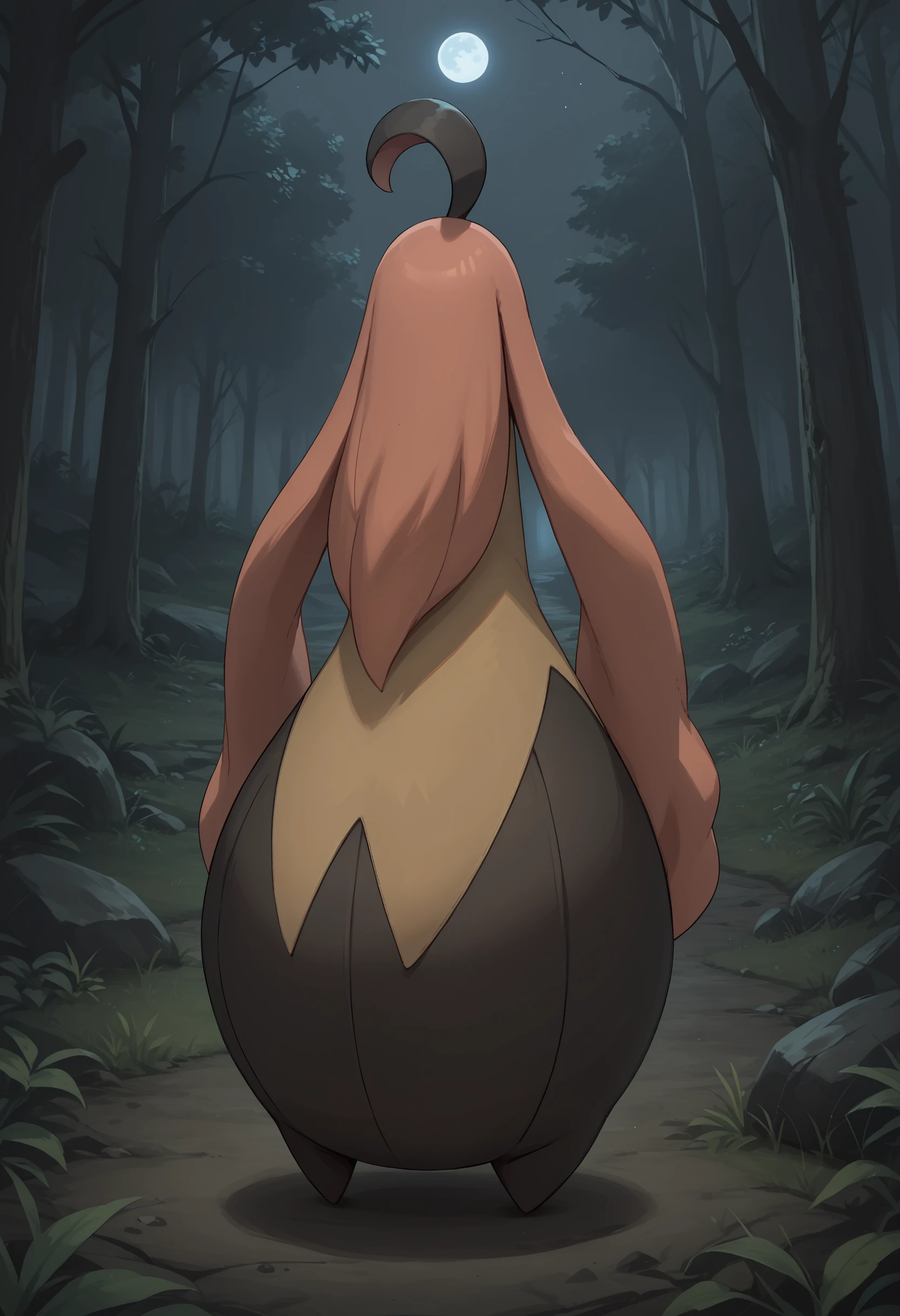 score_9, score_8_up, score_7_up, score_6_up, score_5_up, score_4_up, 1girl, <lora:GourgeistF:0.85> pokemon (creature), no humans, full body, from behind, 
dark forest, outdoors, night, dark,