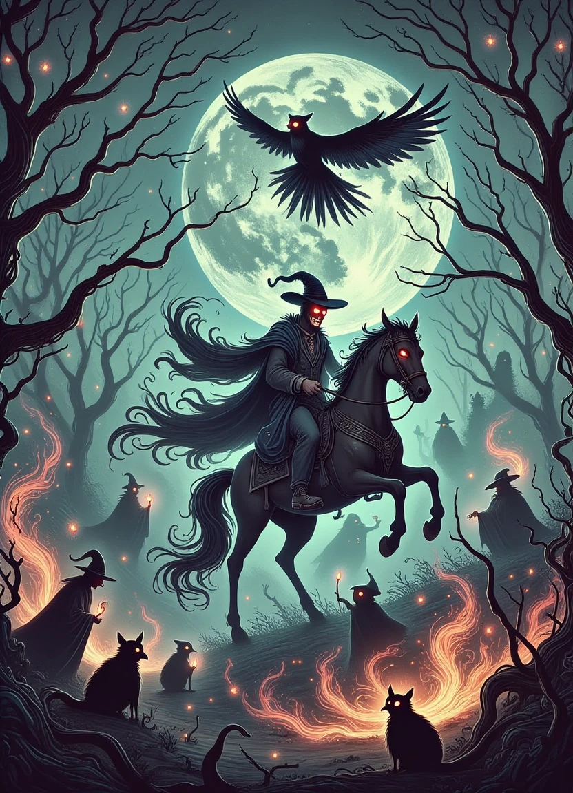 A mysterious landscape of dark DonMPr1nc3551000FXFX surrounded by twisted trees on a foreboding stormy night with faint outlines of gothic vampires, witches and wizards in the distance. A headless horseman rides into view, his sinister smirk illuminated by fiery flames that dance among the raven's wings as it soars above the scene, casting an eerie shadow over a gathering of brownies at a haunted location.