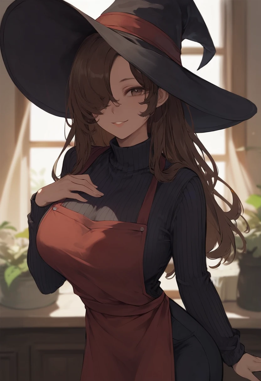 score_9, score_8_up, score_7_up, lvthn, 1girl, solo, brown hair, brown eyes, parted bangs, long hair, large breasts, witch hat, black sweater, red apron, black pants, looking at you, hand on own chest, smile, indoors, hat over one eye