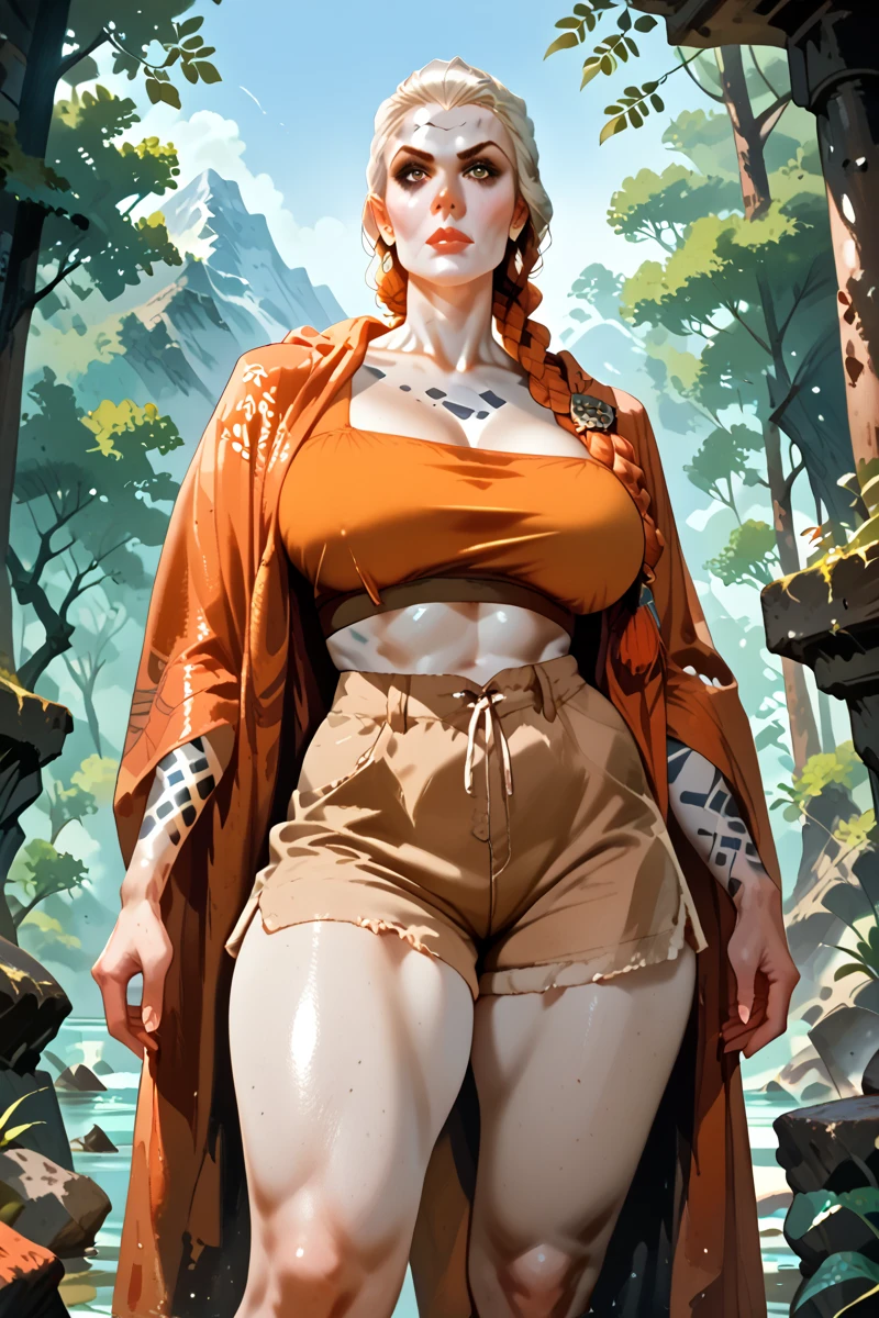 (pin up art of a huge tall woman, goliath, stone skin:1.4), 1girl, solo, mountain peak forest trees, best quality, view from below, boob focus, rating_explicit, score_9, score_8_up, score_8, score_9, score_8_up, score_7_up, score_6_up, embedding:zPDXL3, (beautiful milf giant wearing orange leather shawl, shorts:1.2), athletic, strong, wide hips, thicc, (chubby:0.5), massive tits, (colored skin, white skin:1.2), braided hair, leaning over, looking at viewer:1.2), pouty lips expression, detailed white eyes