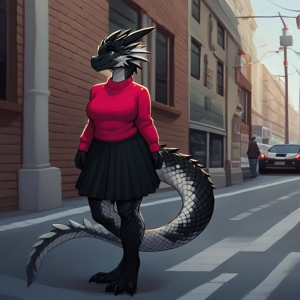 score_9, 1girl, MegaScalyPony, scales, scaly, black scales, dragon anthro, sweater, skirt, outdoors, modern streets