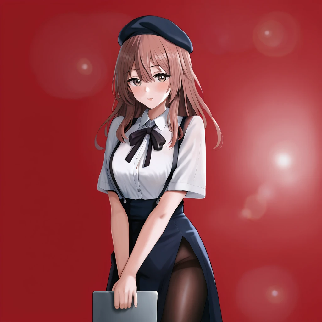 <lora:Shinju_pony_v1:0.81>  ShinjuDarling, 1girl, brown hair, long hair, brown eyes,  bangs,hair between eyes, cowboy shot,  <lora:0902 Home wear 5_v1_pony:1> ruanyi0902,beret,black ribbon,collared shirt,black pantyhose,high-waist skirt,white shirt,suspenders